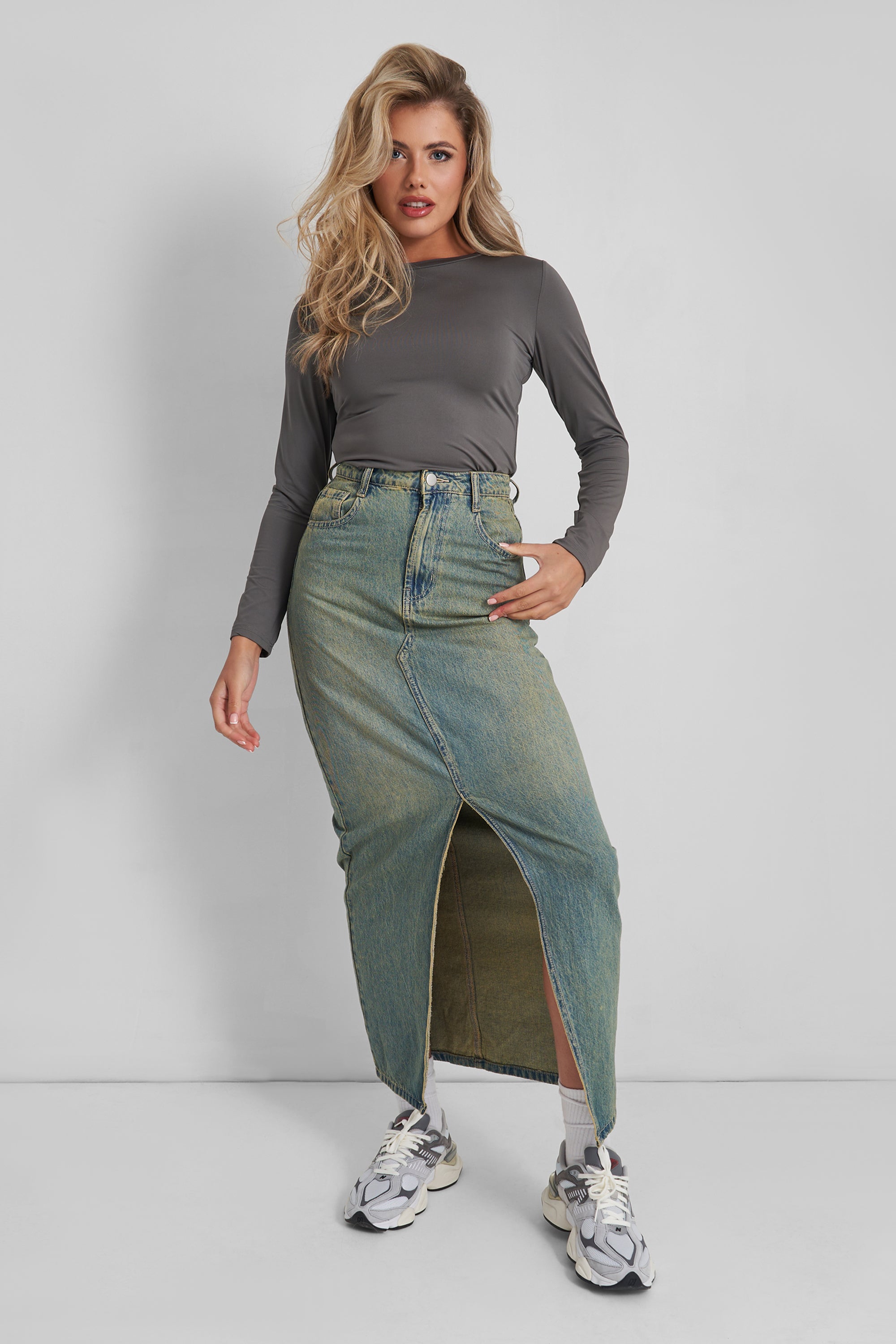 Split Front Denim Maxi Skirt Vintage Wash