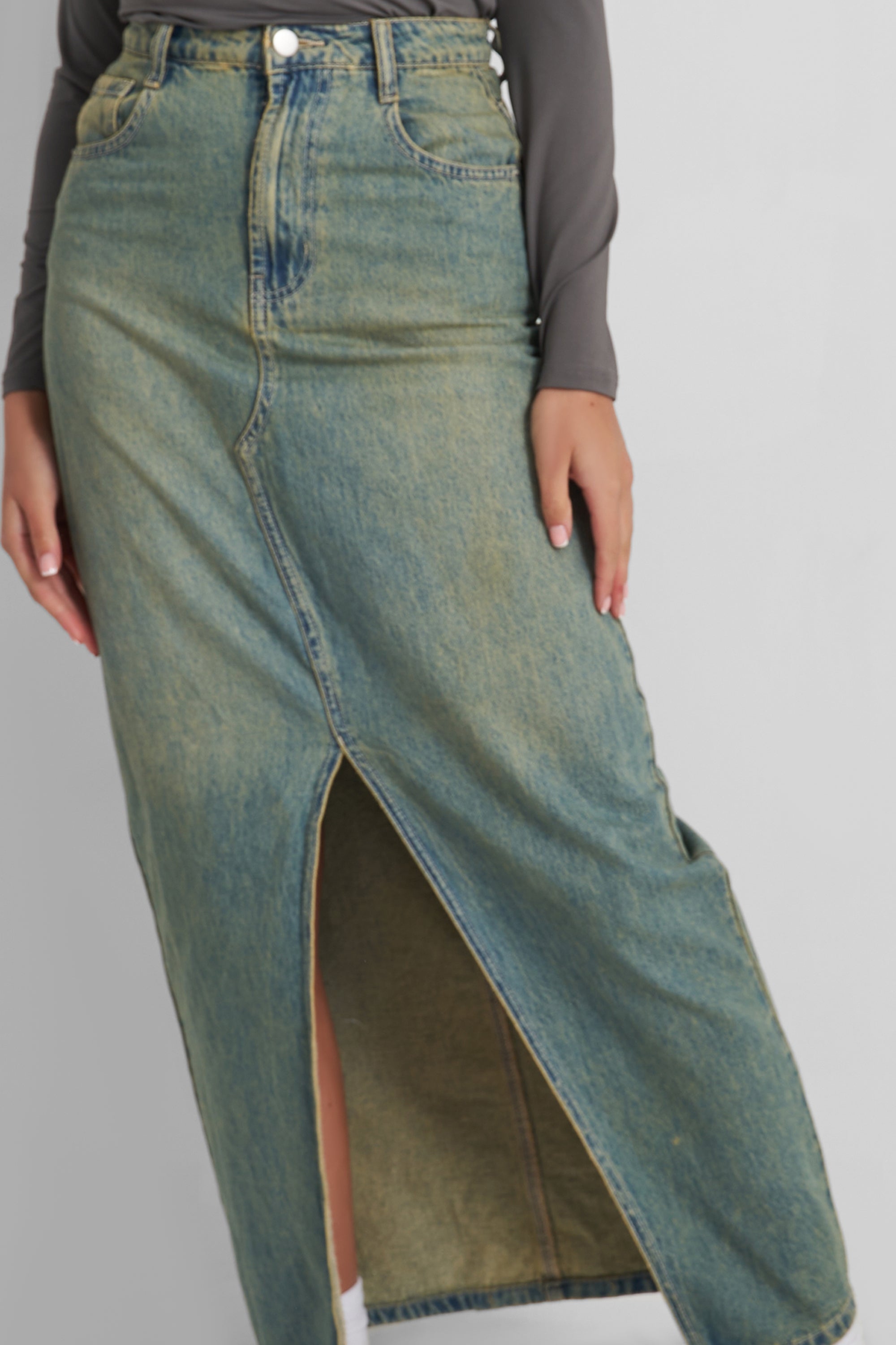 Split Front Denim Maxi Skirt Vintage Wash