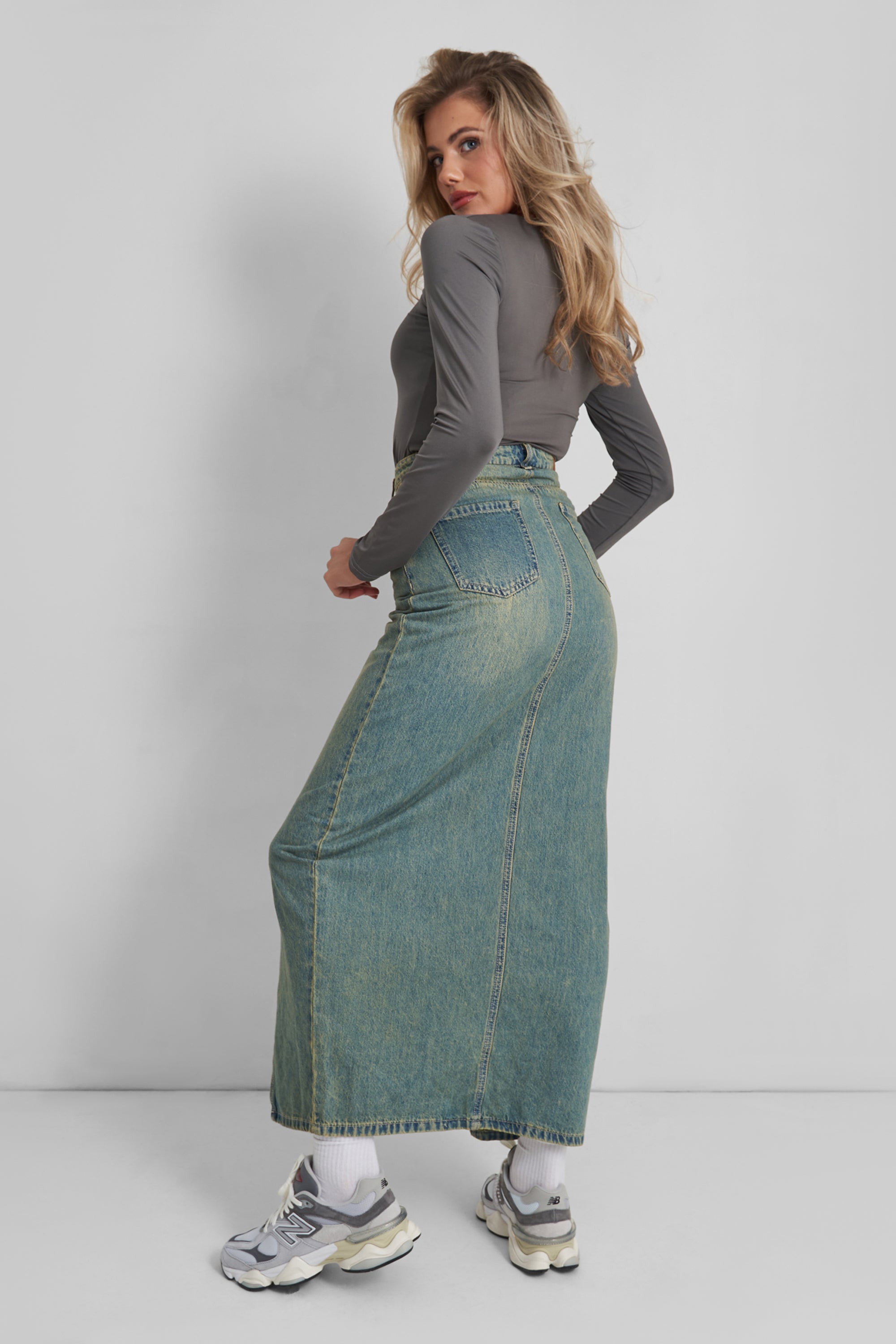 Split Front Denim Maxi Skirt Vintage Wash