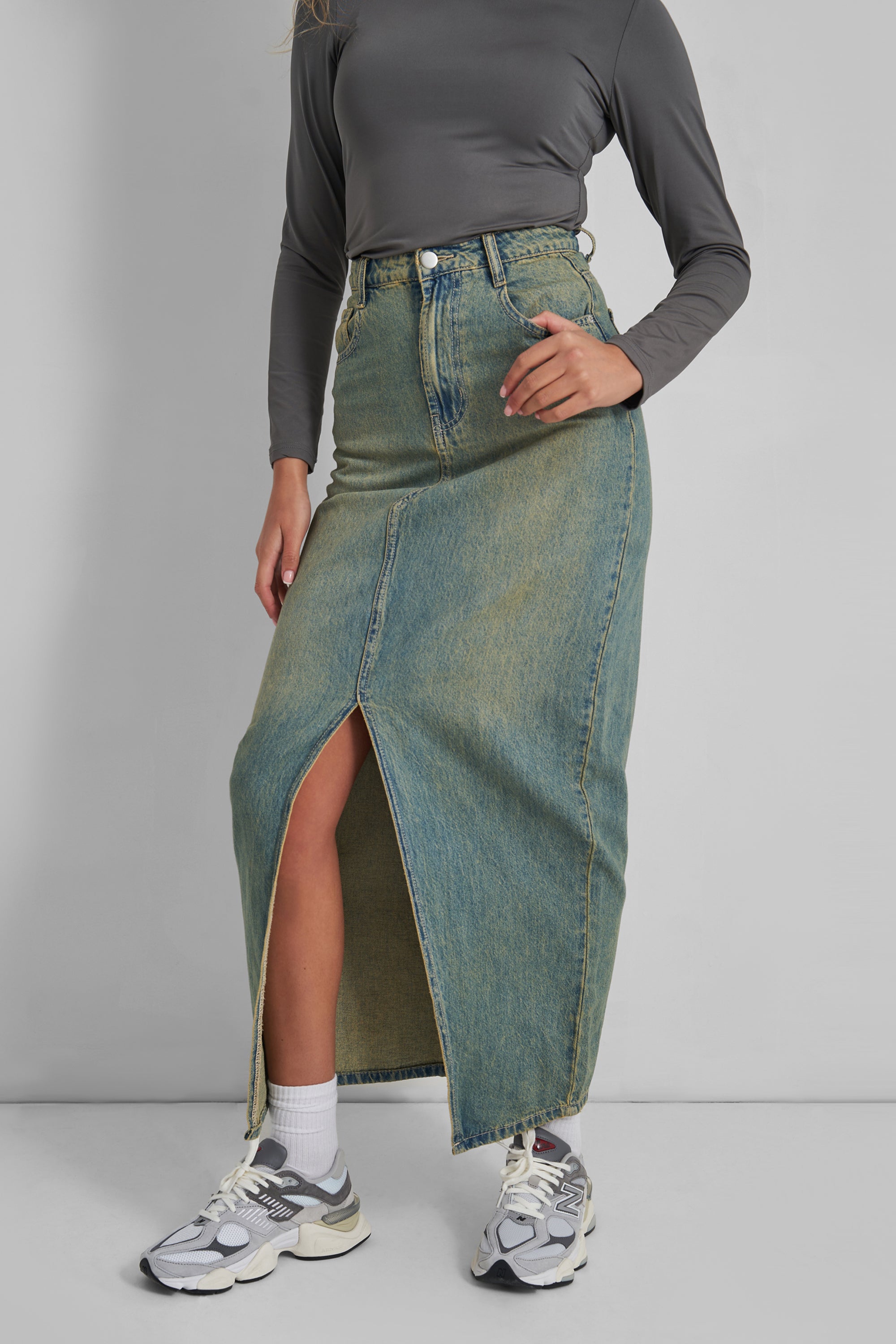 Split Front Denim Maxi Skirt Vintage Wash