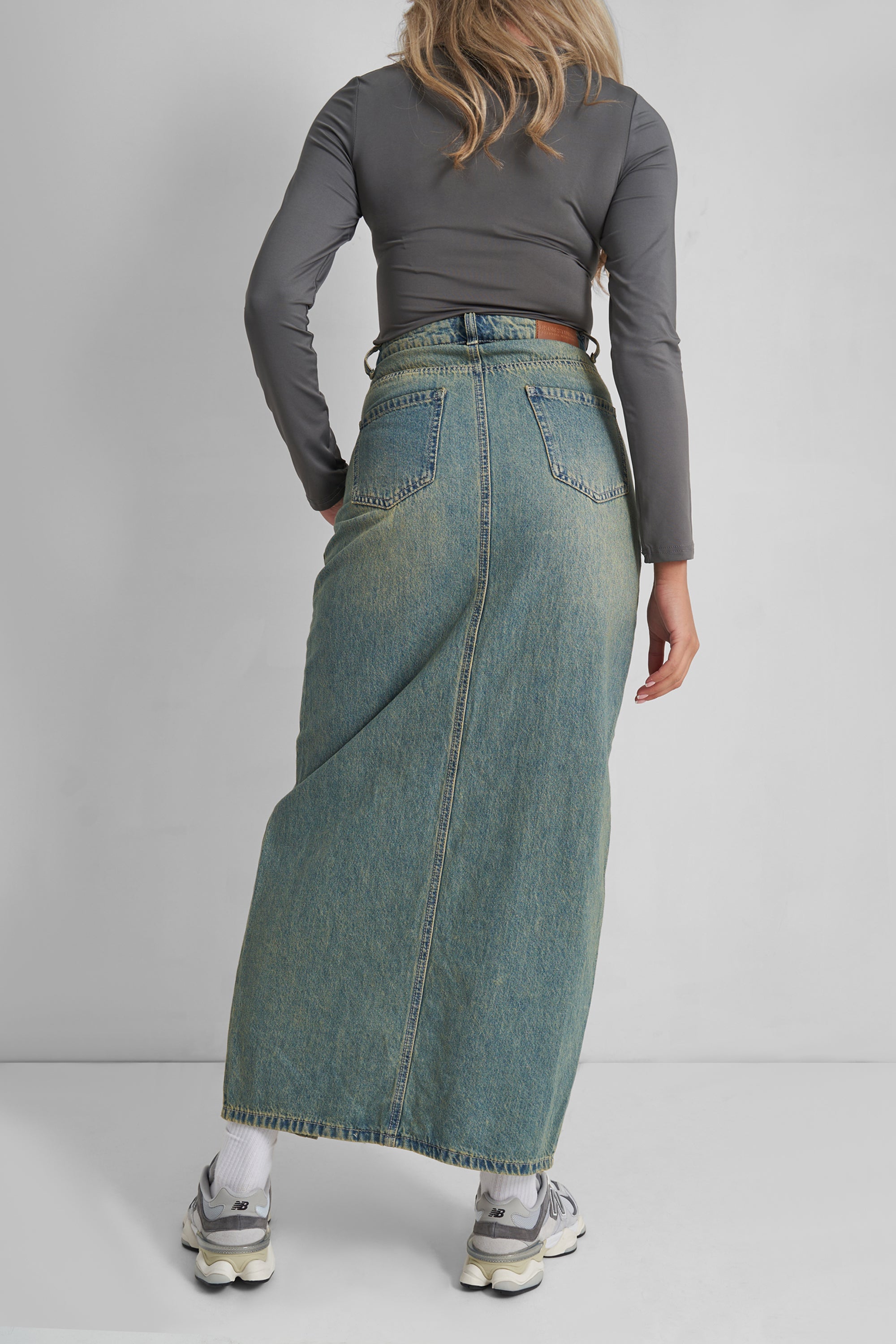 Split Front Denim Maxi Skirt Vintage Wash