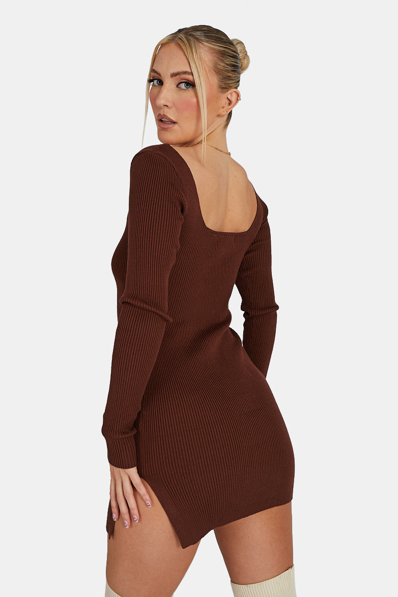 KNITTED OFF SHOULDER MINI DRESS CHOCOLATE