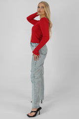 KAIIA TRIM RIBBED TOP RED