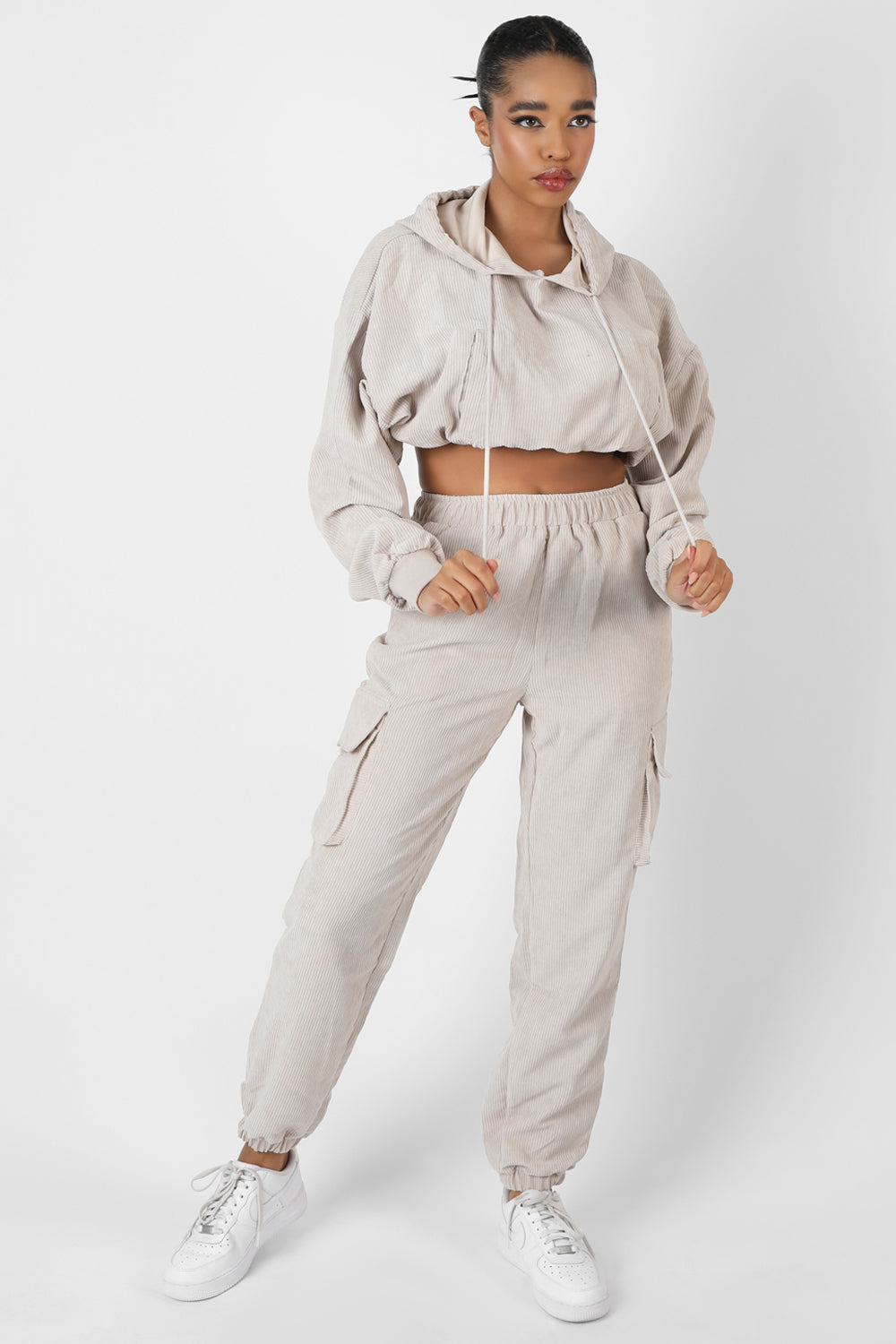 CORD CROPPED HOODIE ECRU