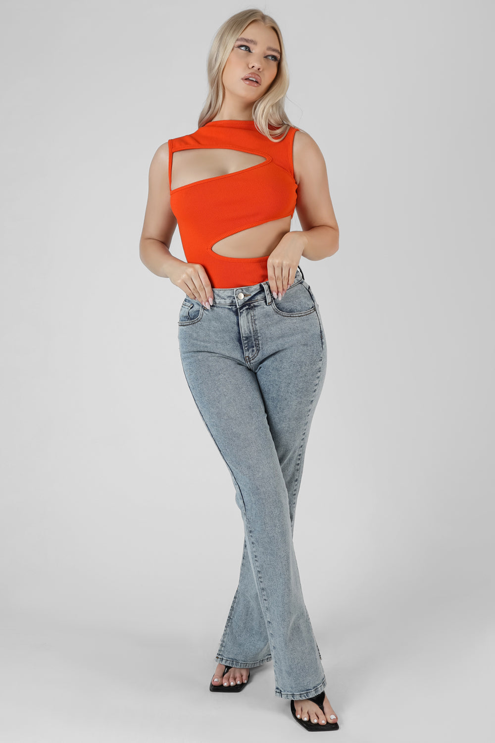 ASYMMETRIC CUT AWAY BODYSUIT ORANGE