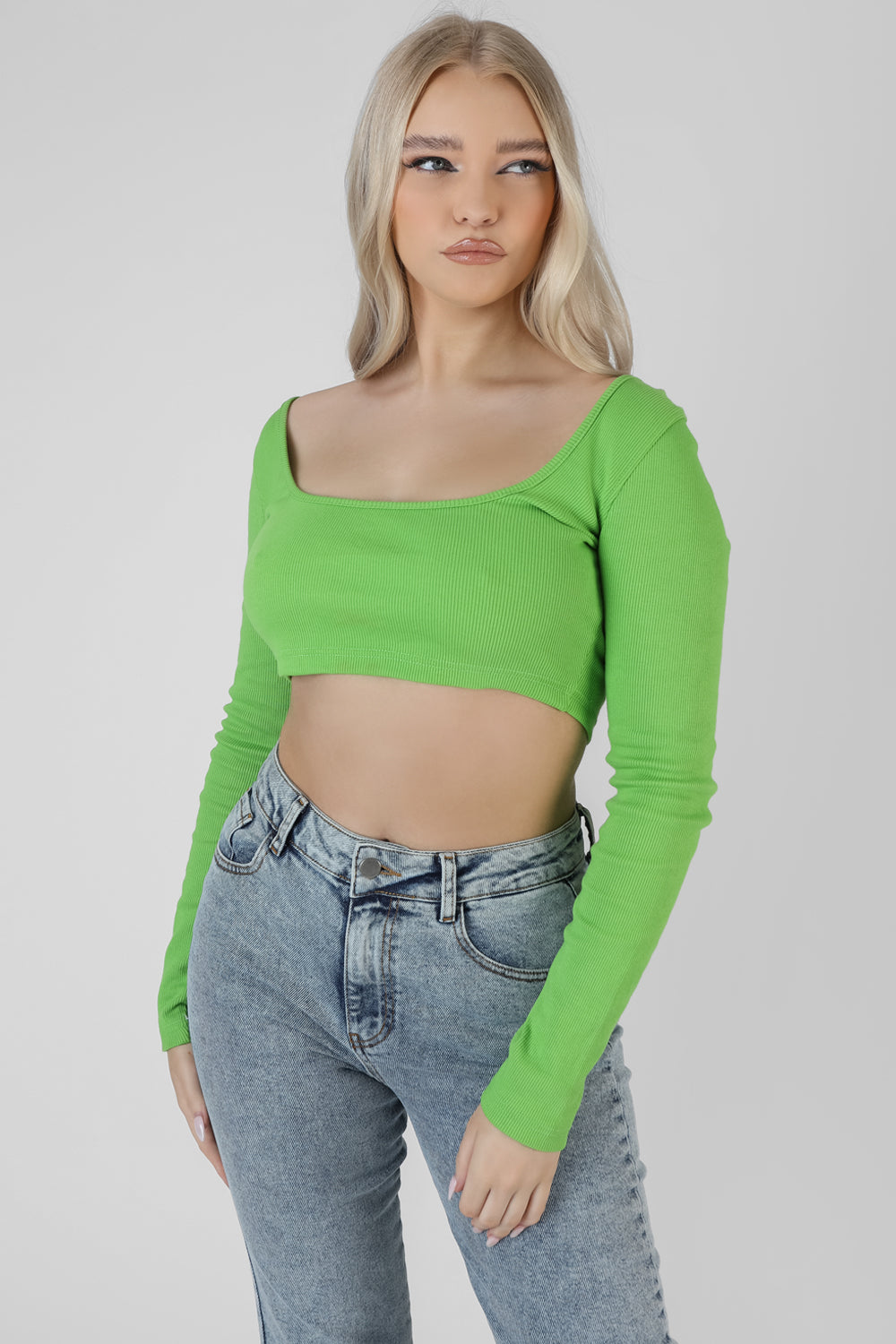 LONG SLEEVE SQUARE NECK CROP TOP GREEN