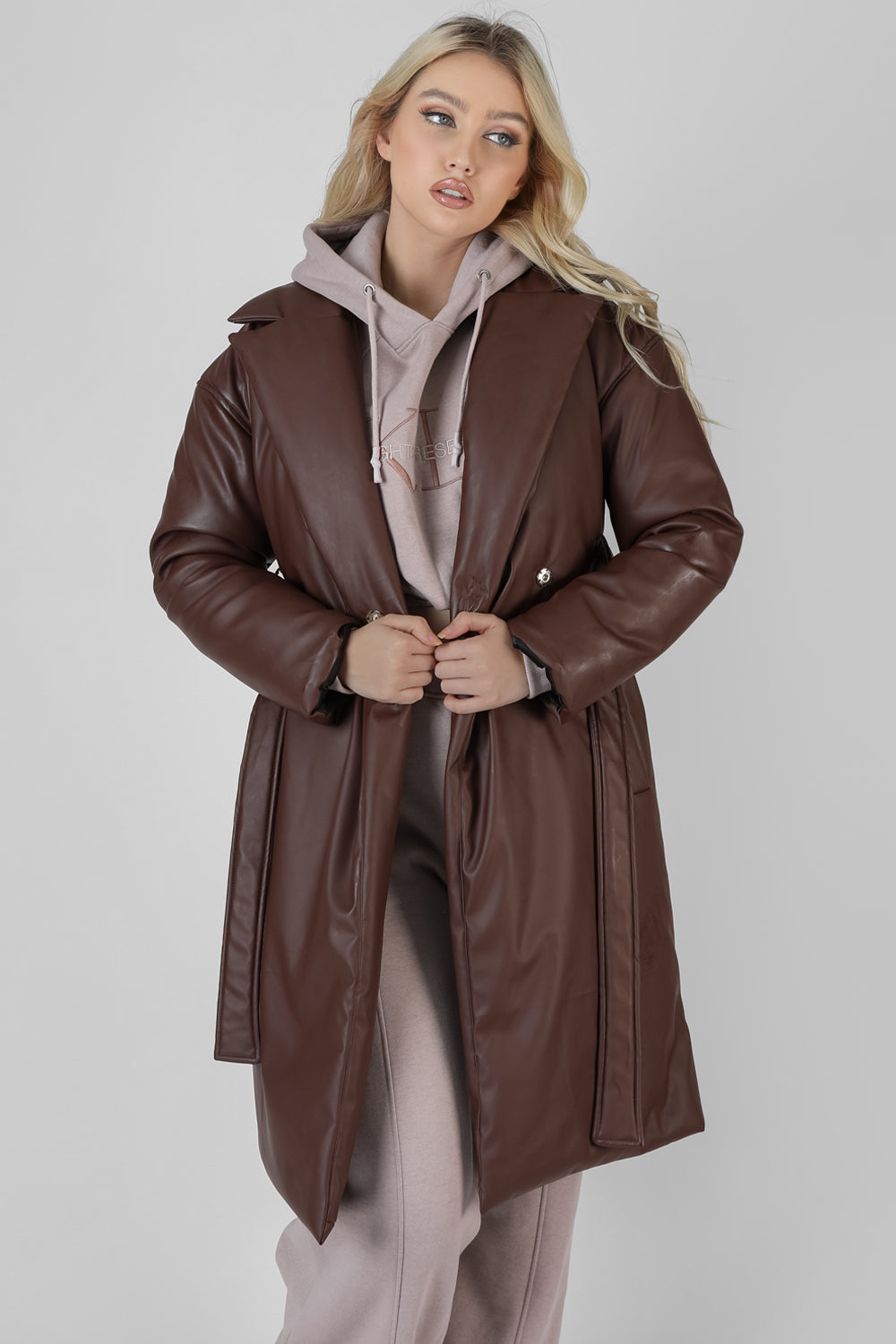 PADDED PU TRENCH CHOCOLATE