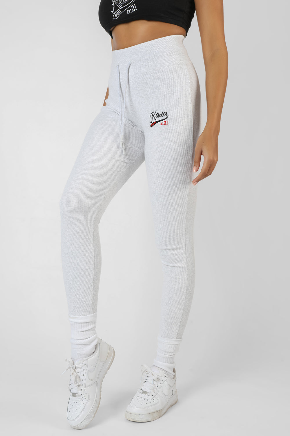 VARSITY EMBROIDERY TIE WAIST LEGGING OATMEAL MARL