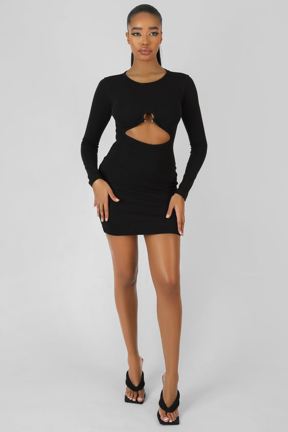 BULL RING DETAIL LONG SLEEVE MINI DRESS BLACK