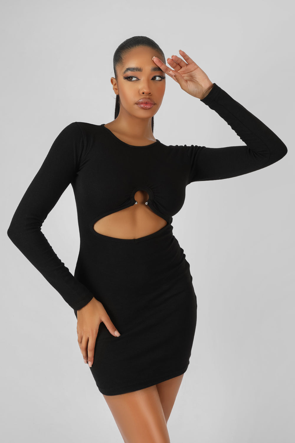 BULL RING DETAIL LONG SLEEVE MINI DRESS BLACK