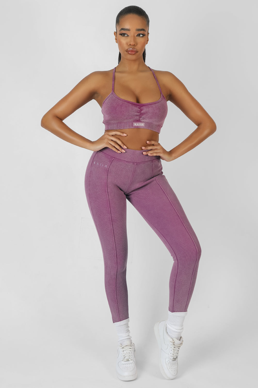 ATHLEISURE SEAM FRONT RIBBED LEGGINGS PURPLE