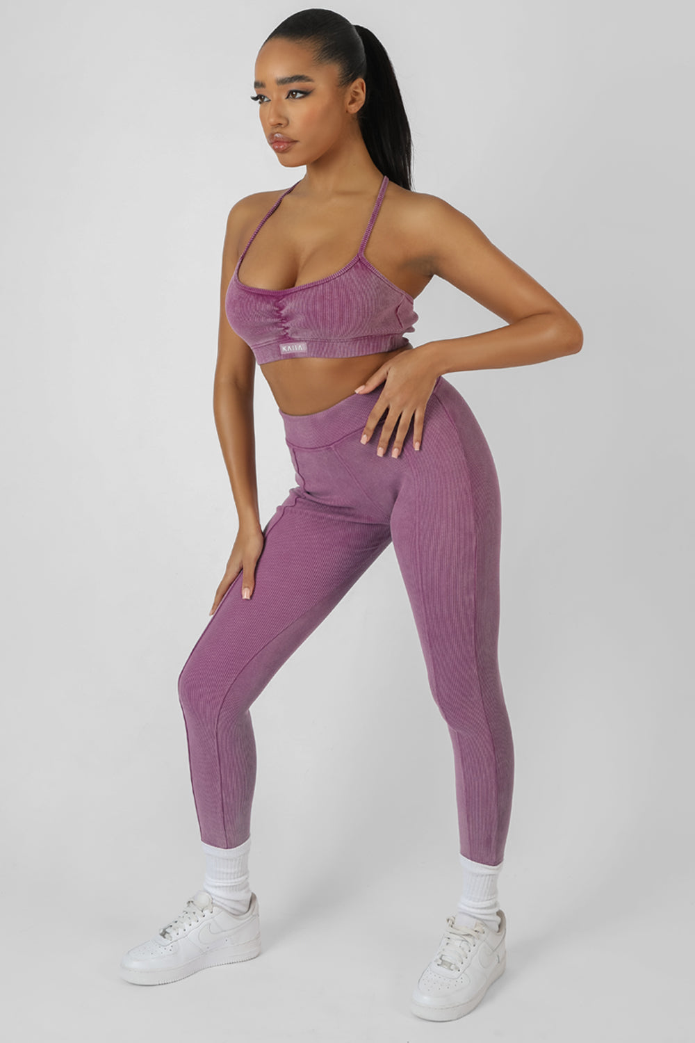 ATHLEISURE SEAM FRONT RIBBED LEGGINGS PURPLE