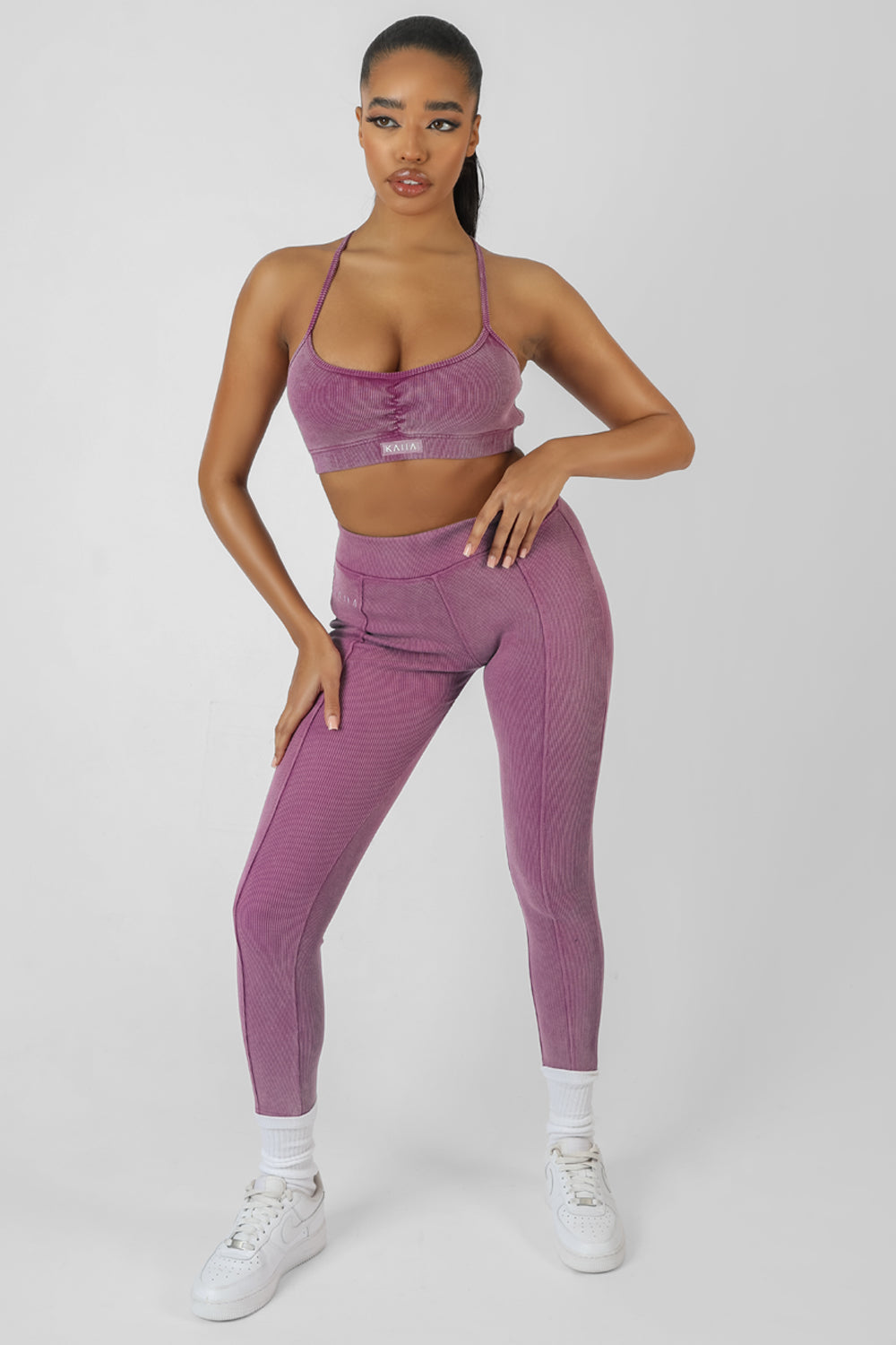 ATHLEISURE SEAM FRONT RIBBED LEGGINGS PURPLE