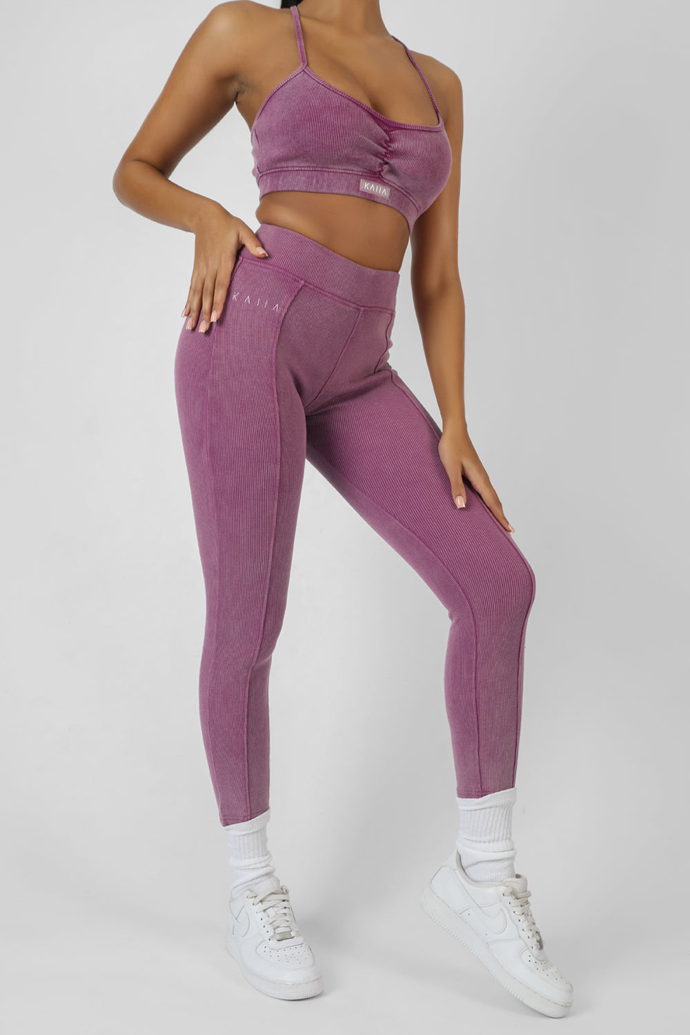 ATHLEISURE SEAM FRONT RIBBED LEGGINGS PURPLE