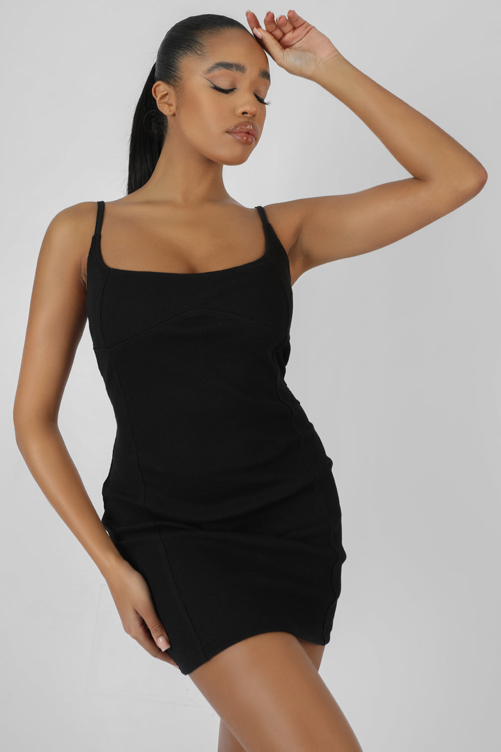 KAIIA UNDERBUST RIBBED MINI DRESS BLACK