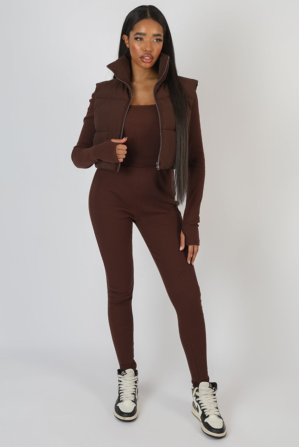 RIB SQUARE NECK LEGGING UNITARD JUMPSUIT CHOCOLATE