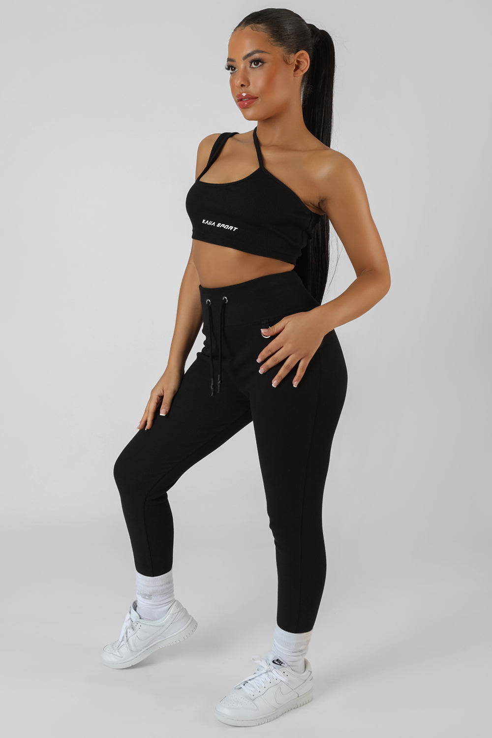 DRAWSTRING WAIST KAIIA SPORT LEGGINGS BLACK