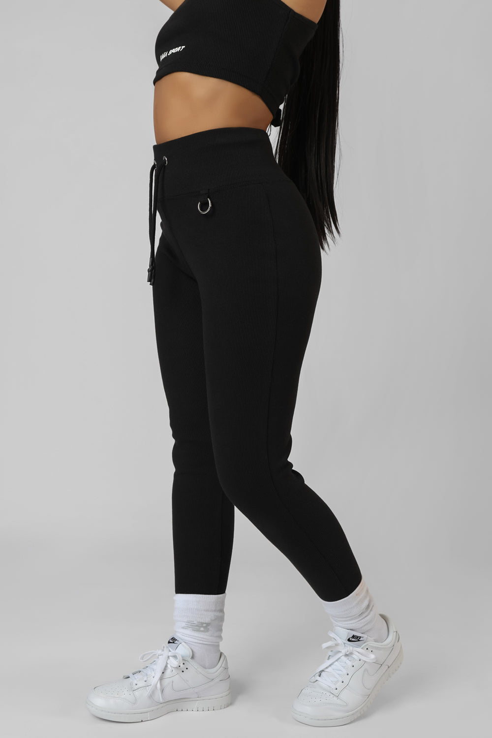 DRAWSTRING WAIST KAIIA SPORT LEGGINGS BLACK