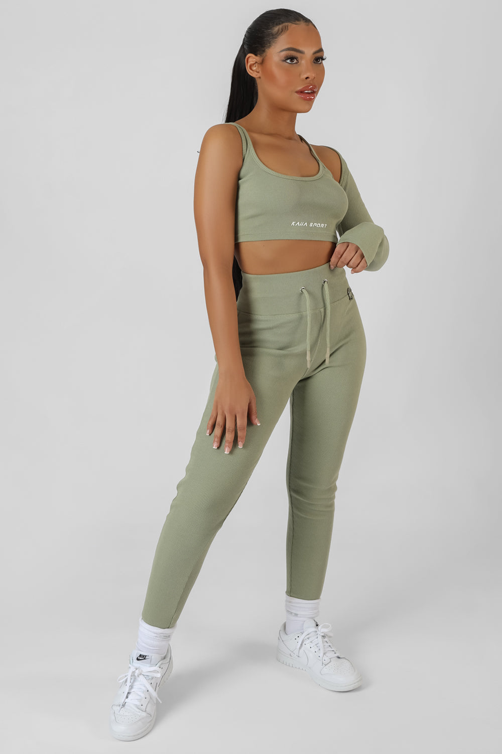 ASYMMETRIC ONE SLEEVE KAIIA SPORT CROP TOP KHAKI