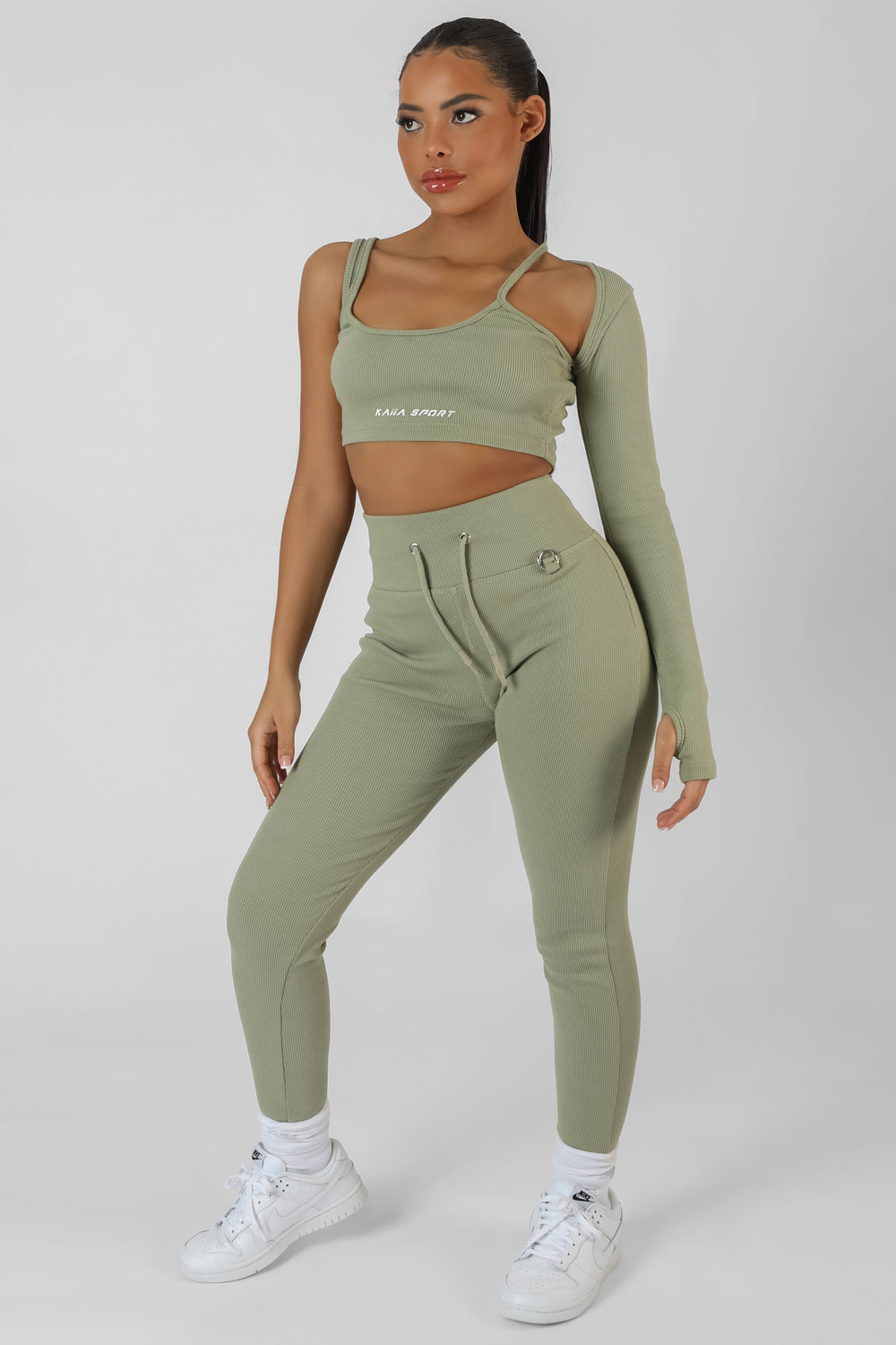 ASYMMETRIC ONE SLEEVE KAIIA SPORT CROP TOP KHAKI