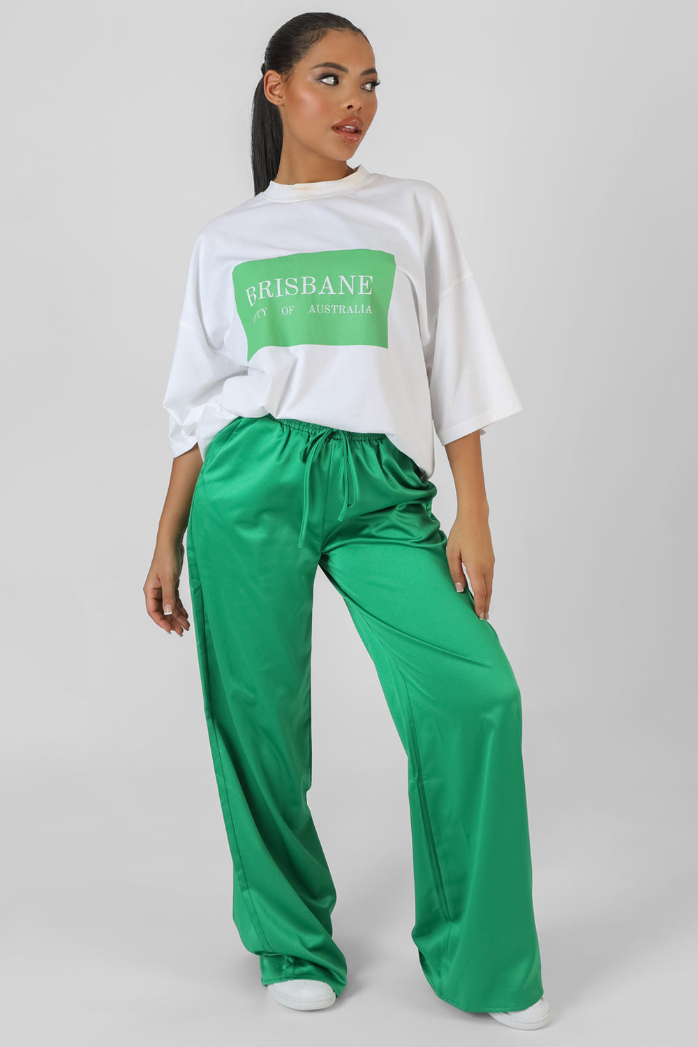 SATIN WIDE LEG TROUSERS GREEN