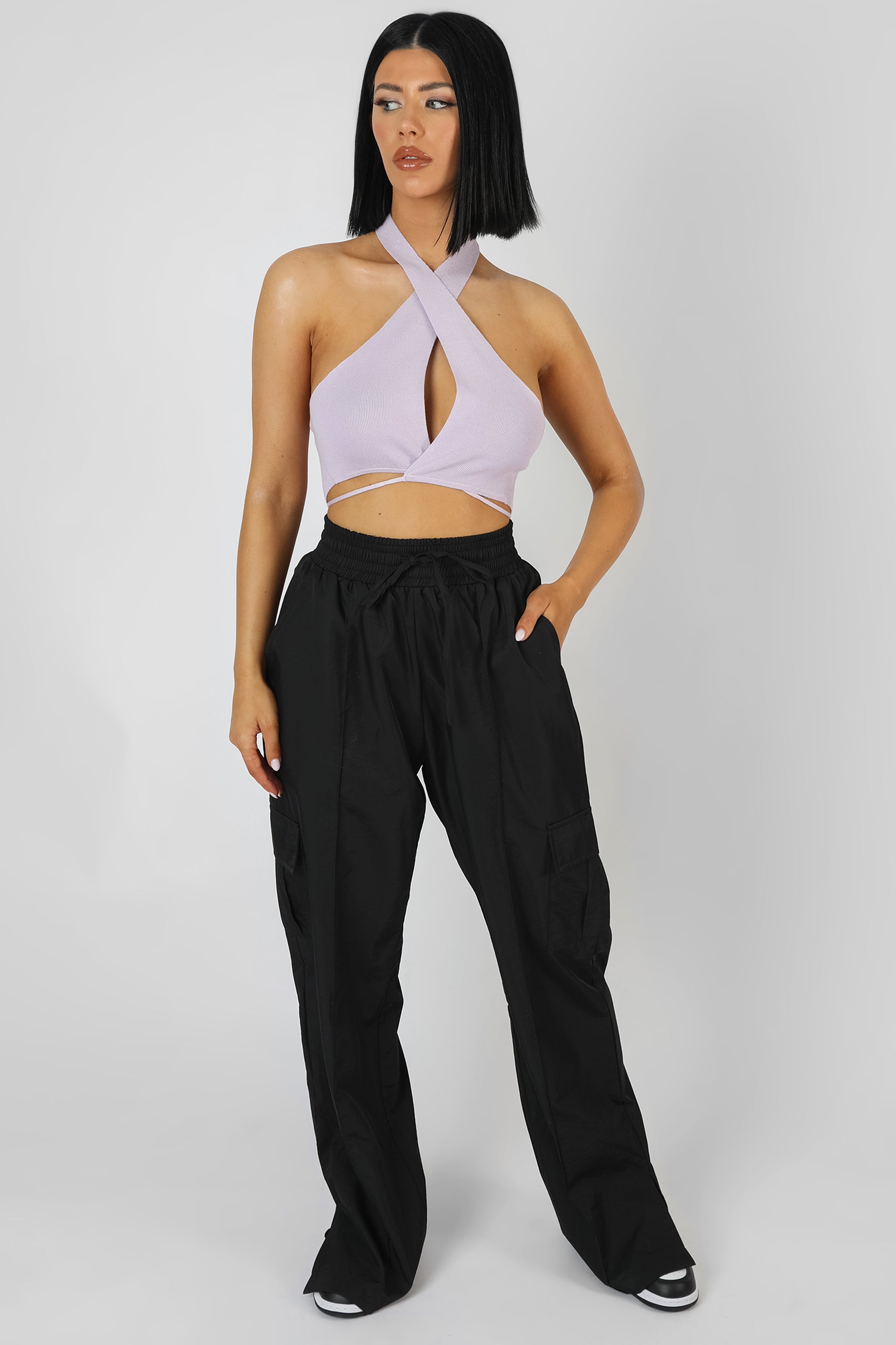 WRAP FRONT HALTER CROP TOP LILAC