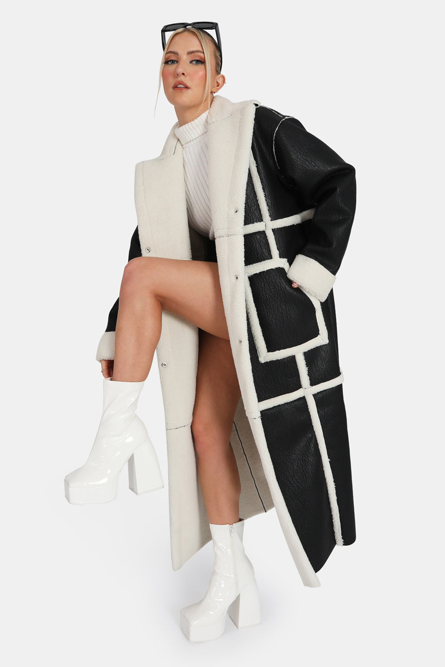 BORG TRIMMED LONGLINE AVIATOR COAT BLACK AND WHITE