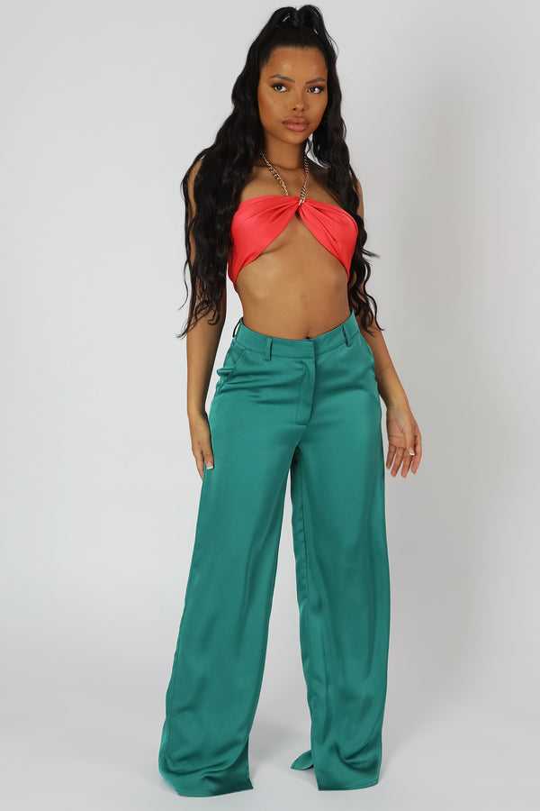 WIDE LEG SPLIT HEM SATIN TAILORED TROUSERS GREEN