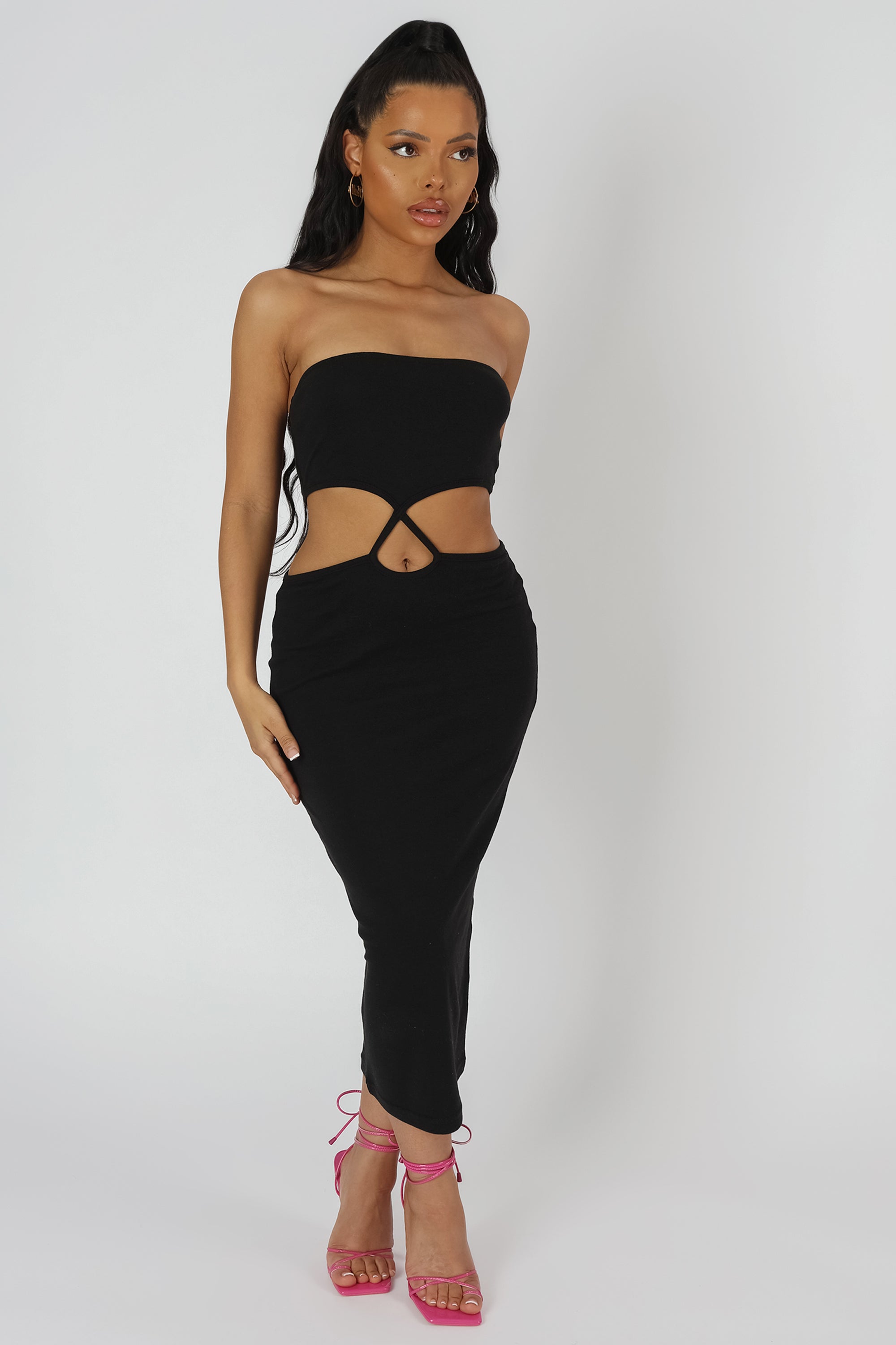 STRAPLESS BANDEAU CUT OUT DETAIL MIDI DRESS BLACK