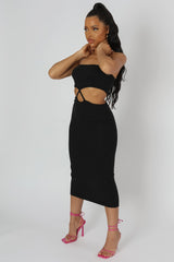 STRAPLESS BANDEAU CUT OUT DETAIL MIDI DRESS BLACK