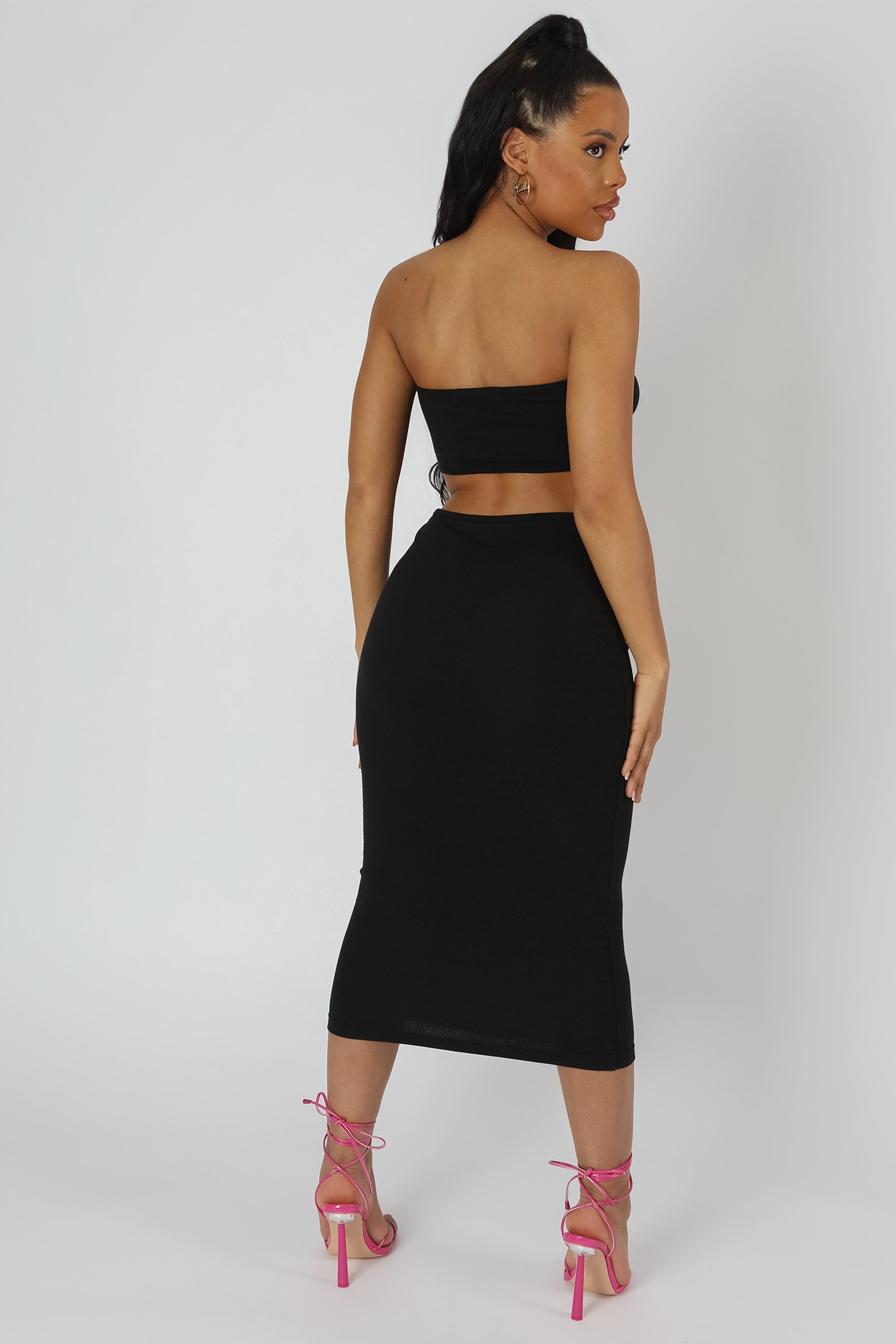 STRAPLESS BANDEAU CUT OUT DETAIL MIDI DRESS BLACK