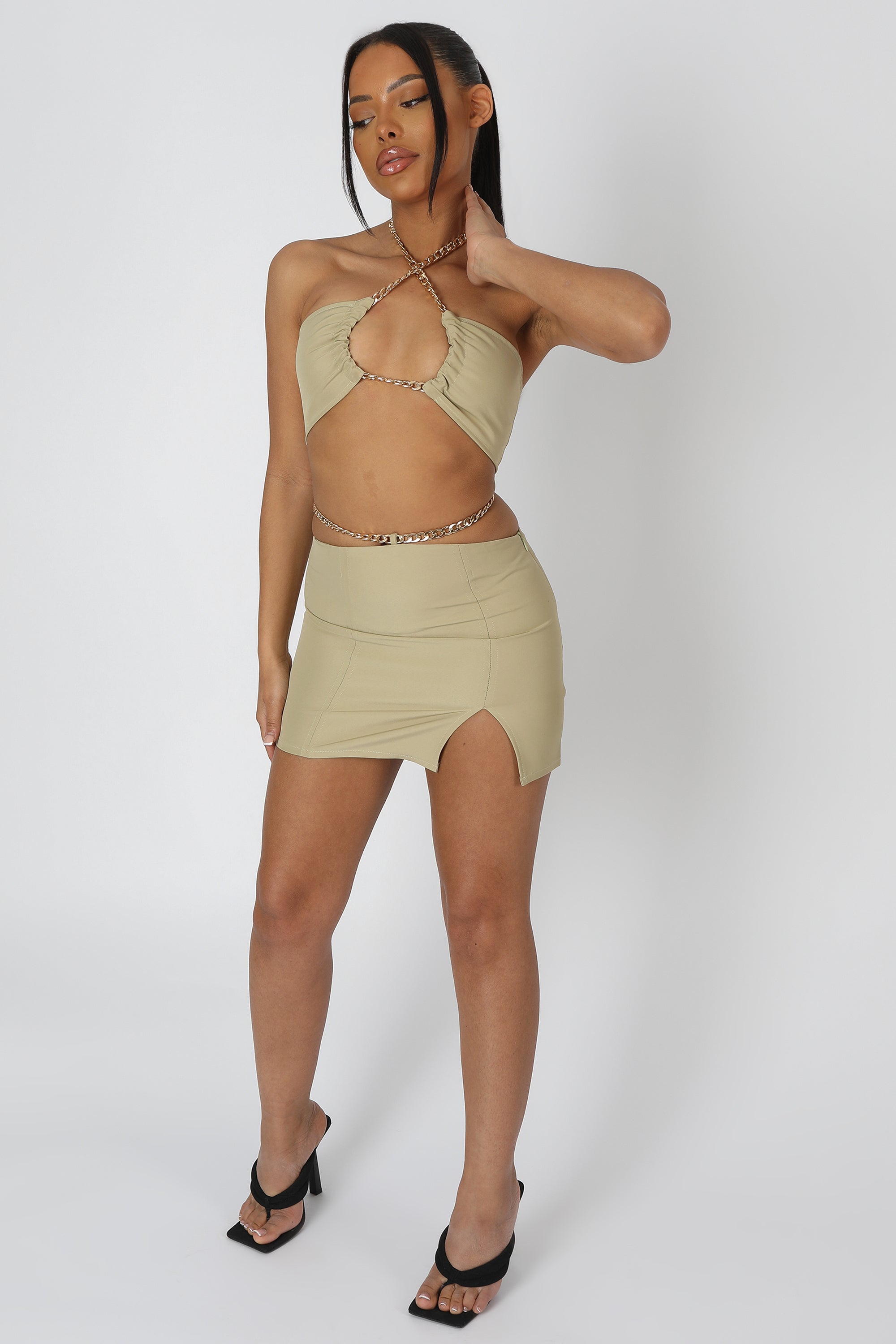 CHAIN WAIST MINI SKIRT SAGE