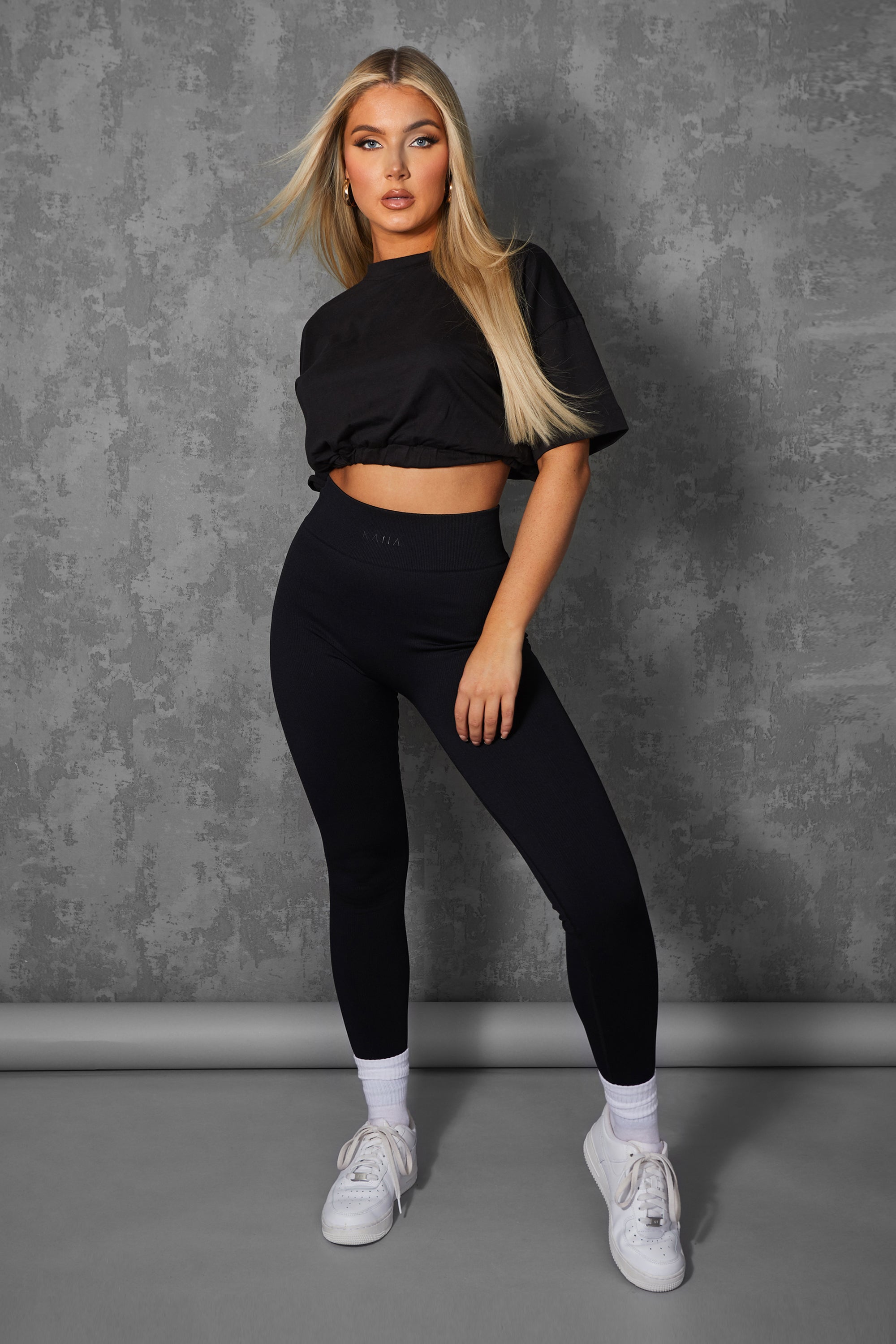 ELASTICATED WAIST CROPPED T-SHIRT BLACK