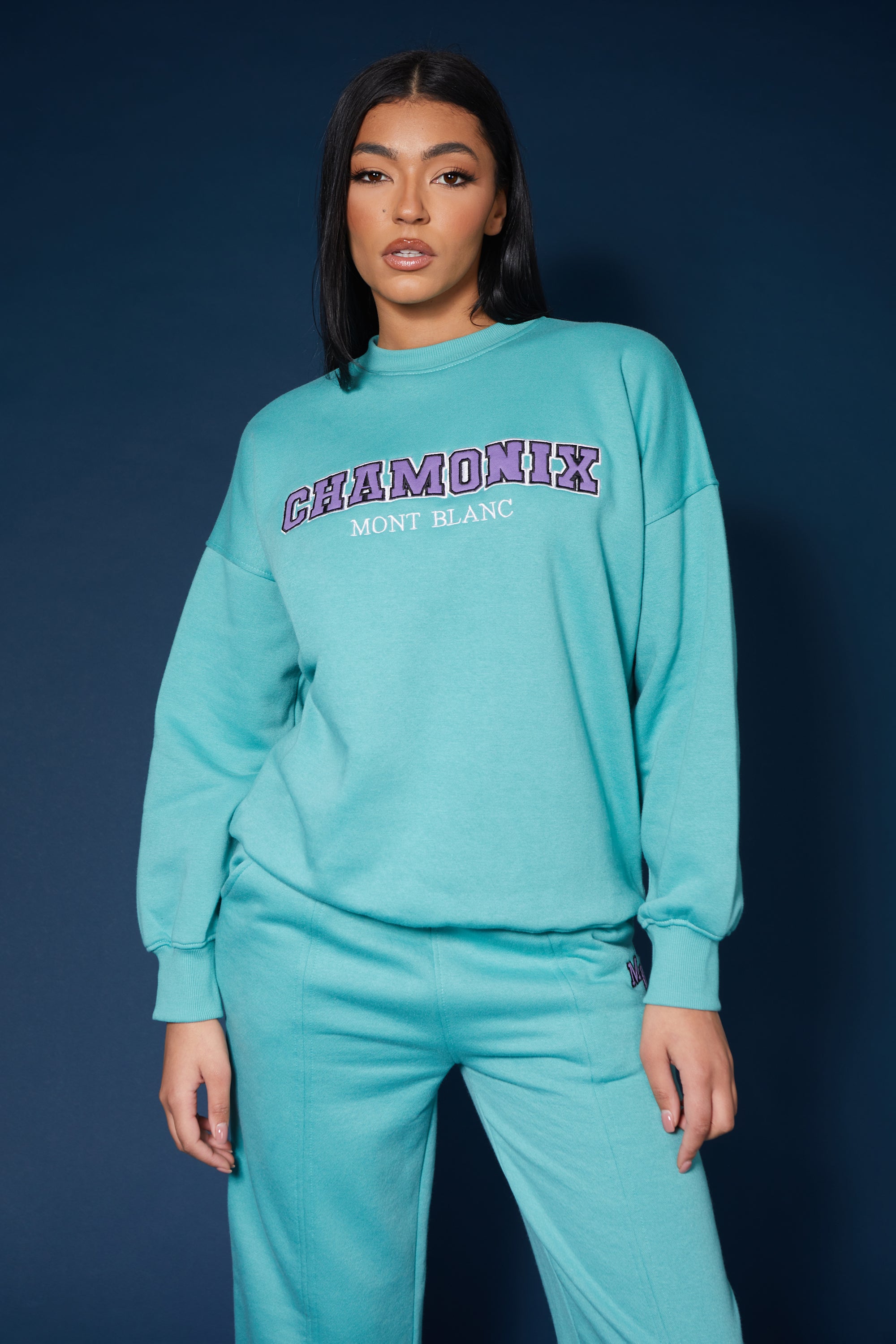 OVERSIZED EMBROIDERED SLOGAN SWEATSHIRT AQUA