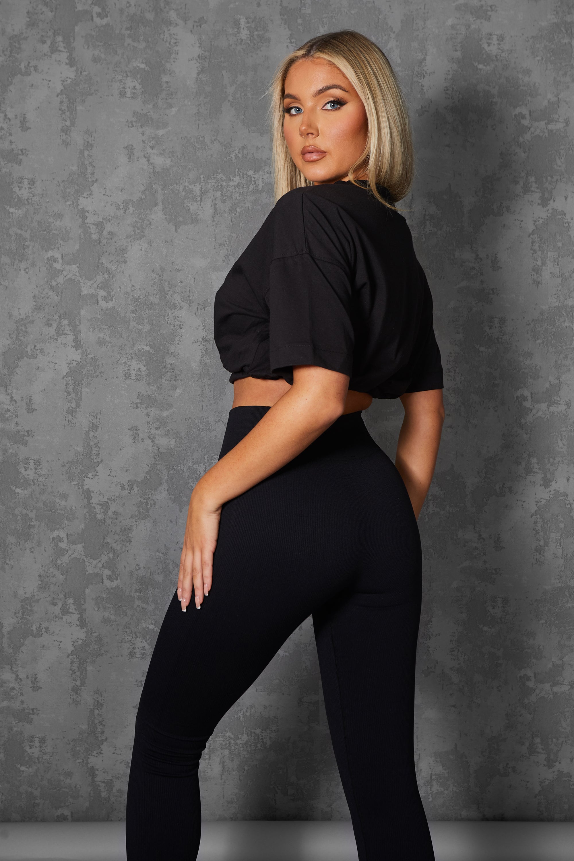 ELASTICATED WAIST CROPPED T-SHIRT BLACK