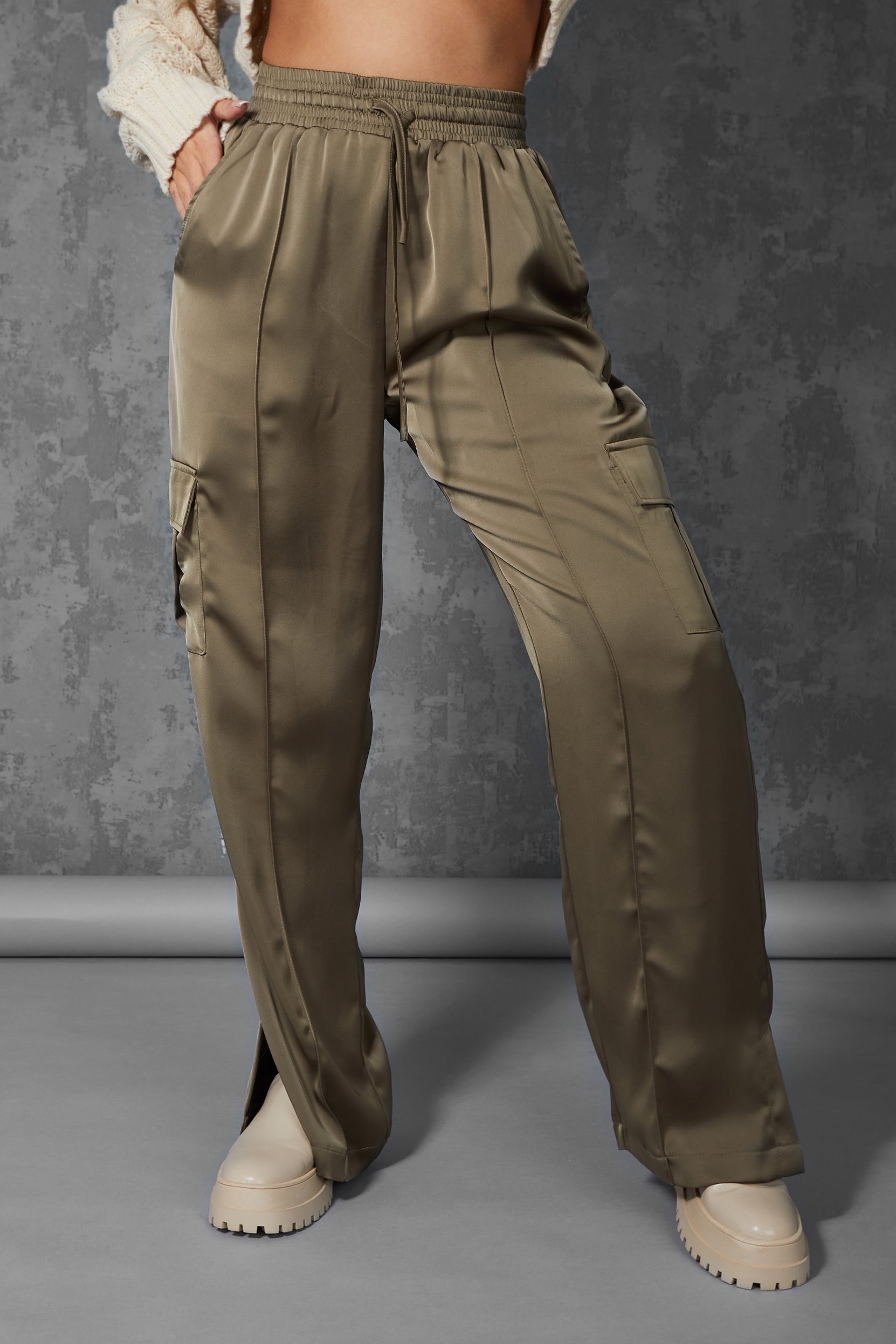 SPLIT HEM SATIN ELASTICATED WAIST WIDE LEG CARGO TROUSERS KHAKI