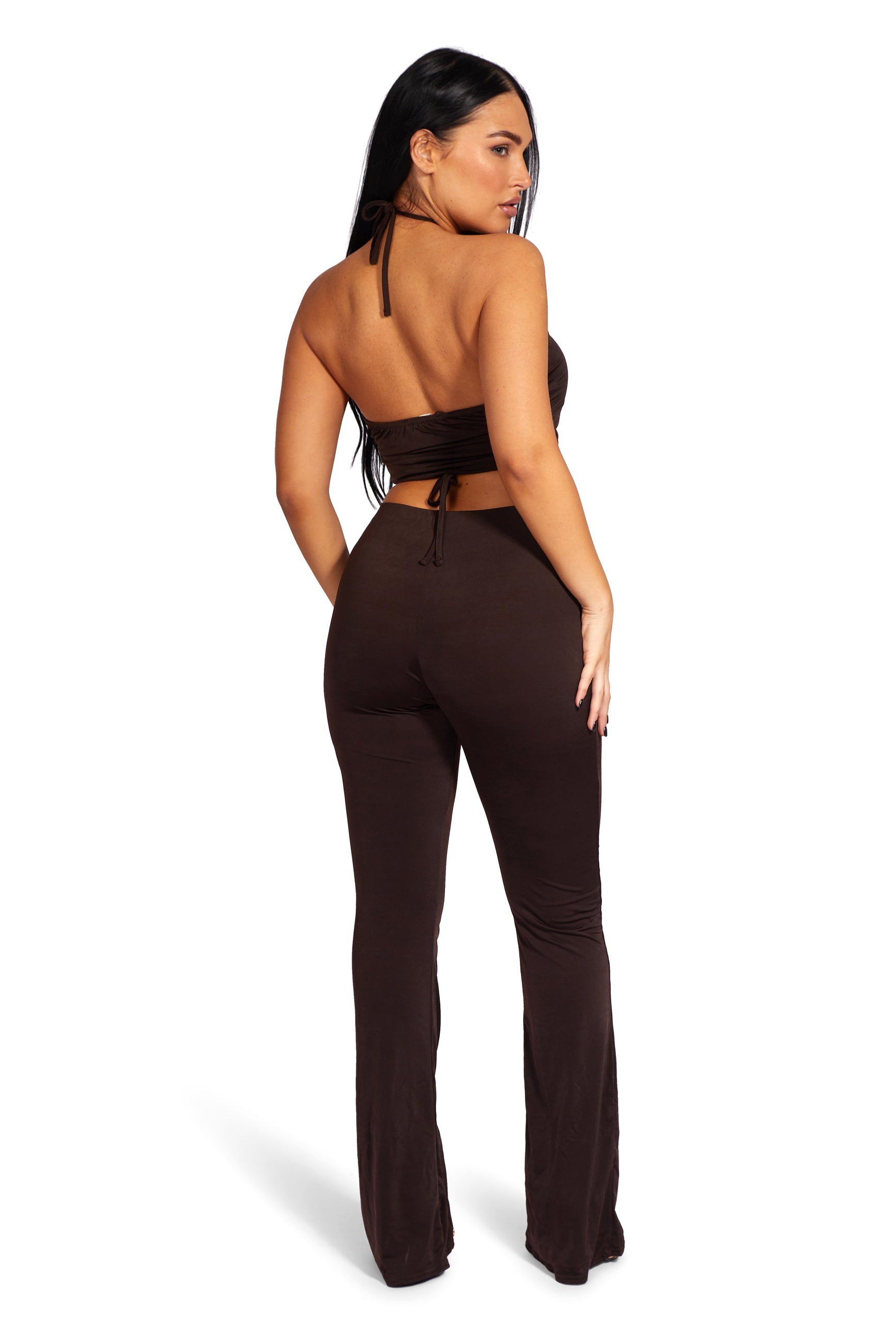 LOOP RUCHED HIGH WAIST SPLIT TROUSERS CHOCOLATE