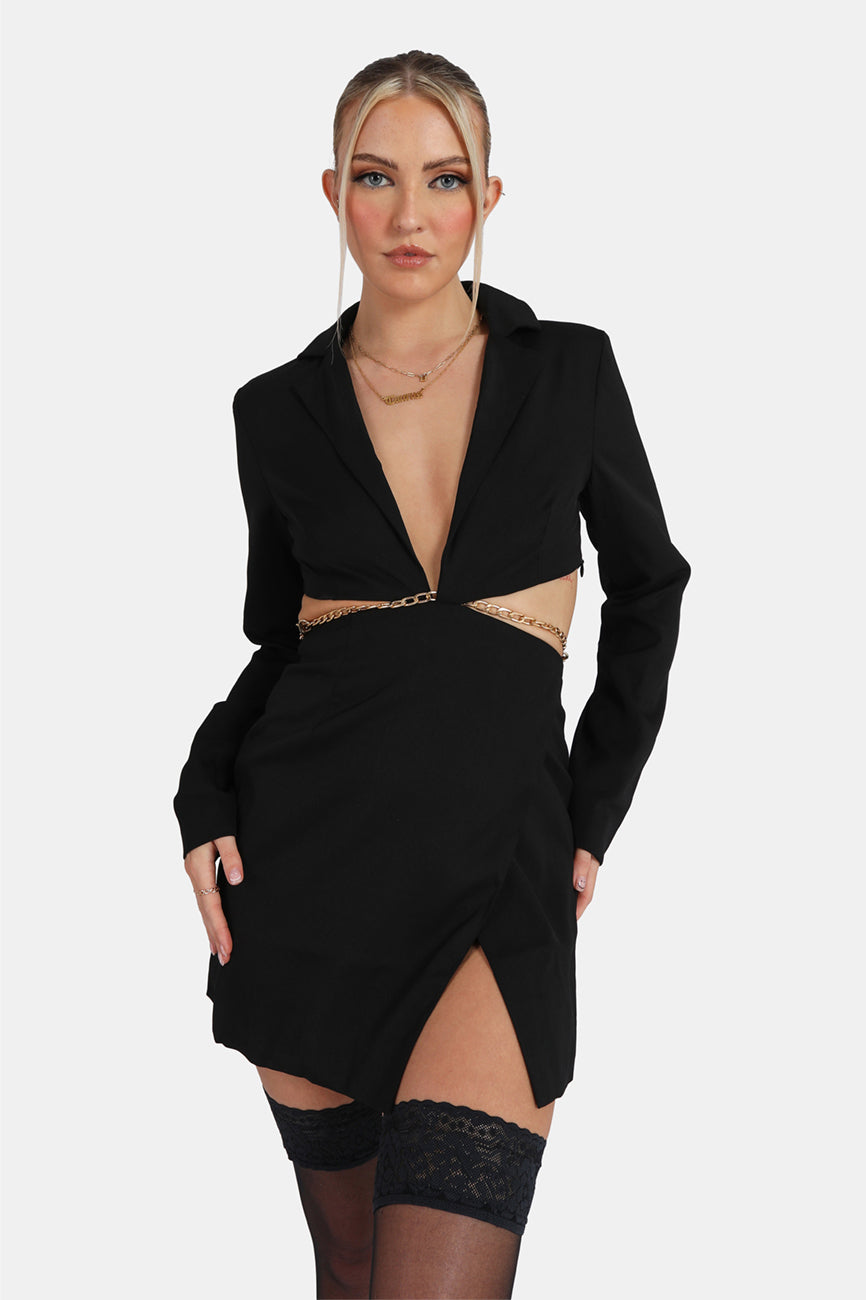 CUT OUT CHAIN WAIST BLAZER DRESS BLACK