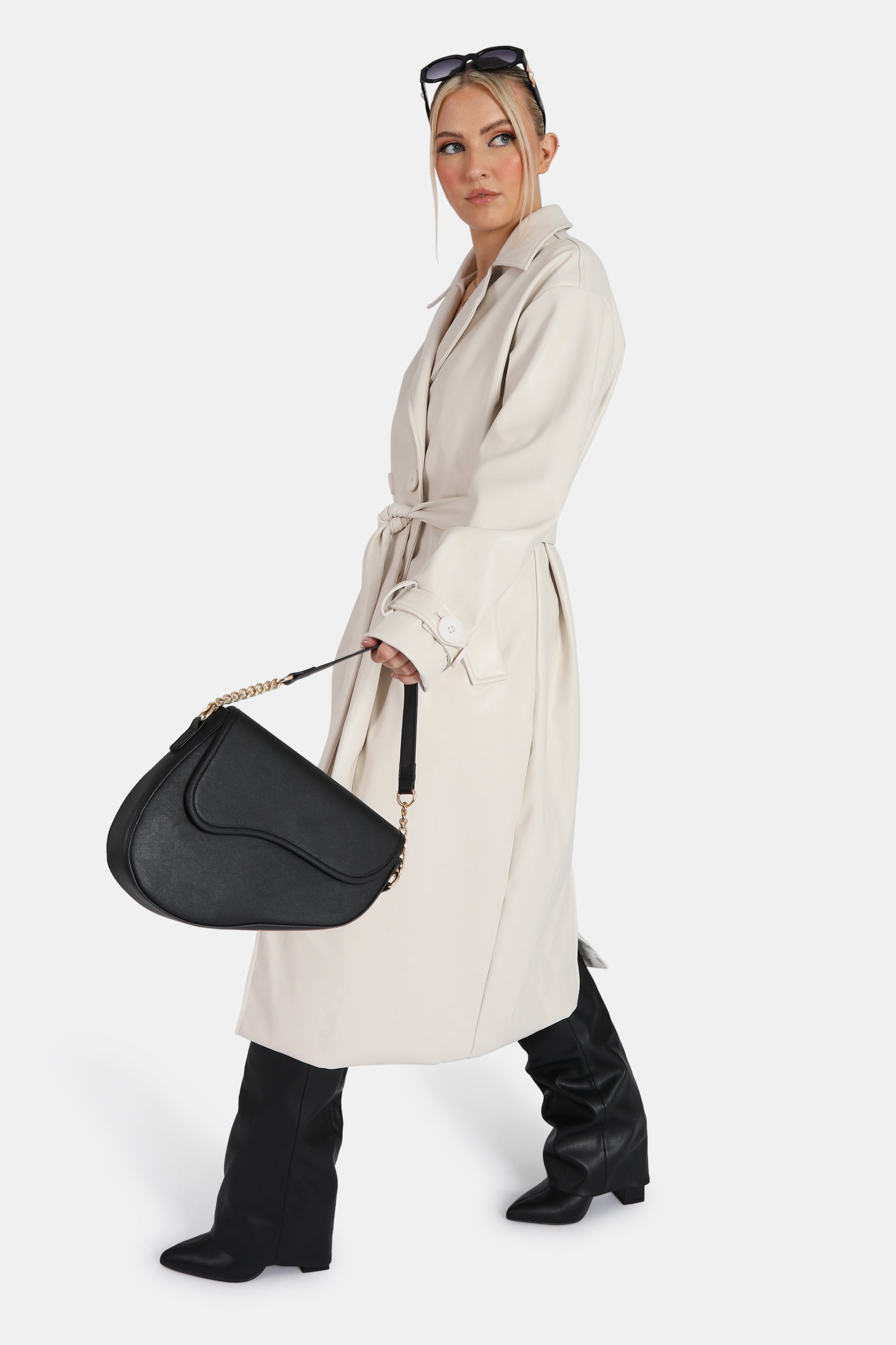 LONGLINE PU BELTED ECRU TRENCH