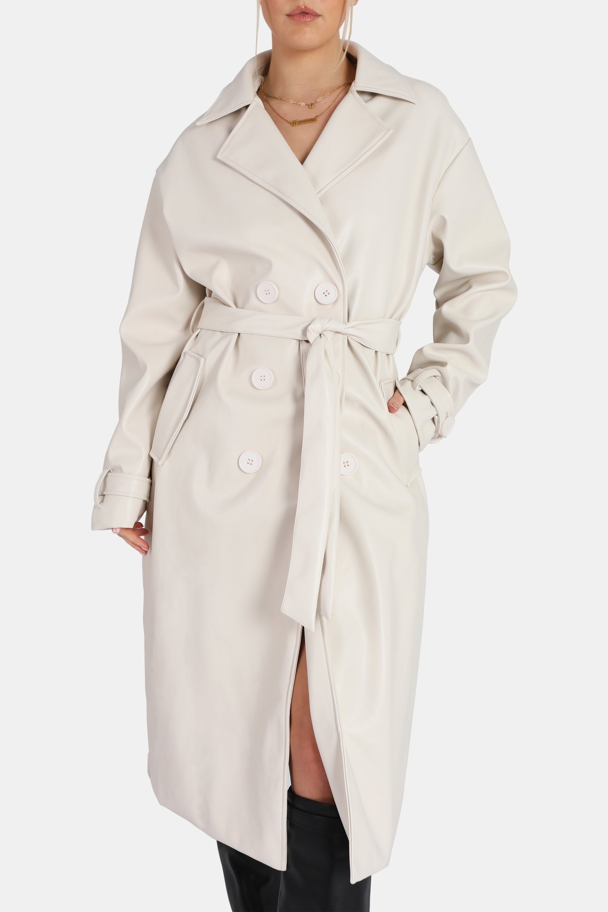 LONGLINE PU BELTED ECRU TRENCH