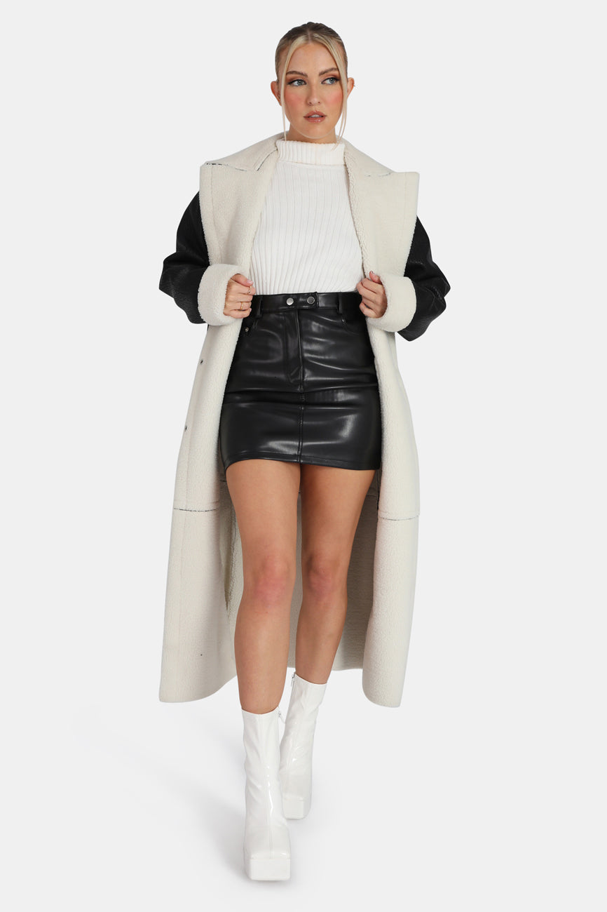 BORG TRIMMED LONGLINE AVIATOR COAT BLACK AND WHITE