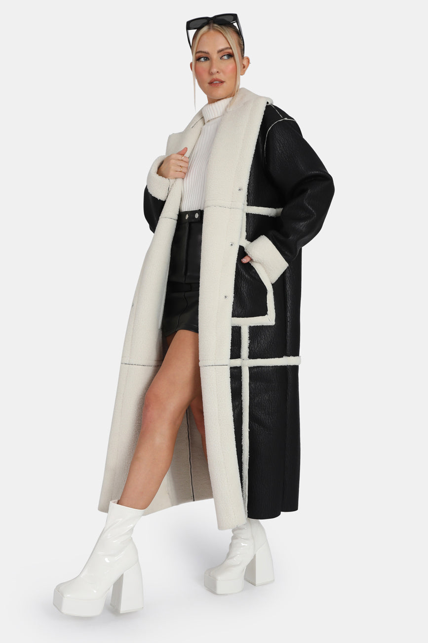 BORG TRIMMED LONGLINE AVIATOR COAT BLACK AND WHITE