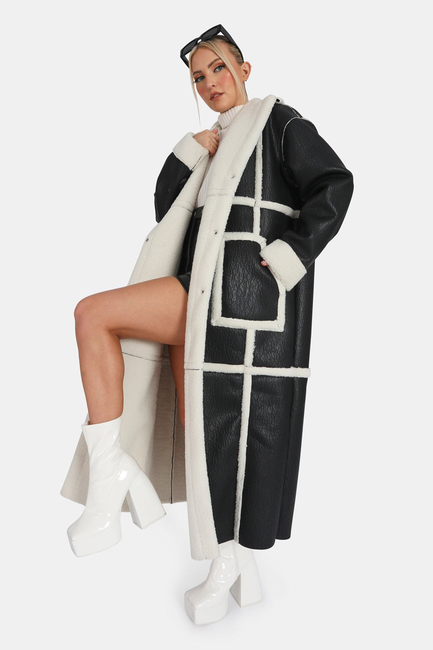 BORG TRIMMED LONGLINE AVIATOR COAT BLACK AND WHITE