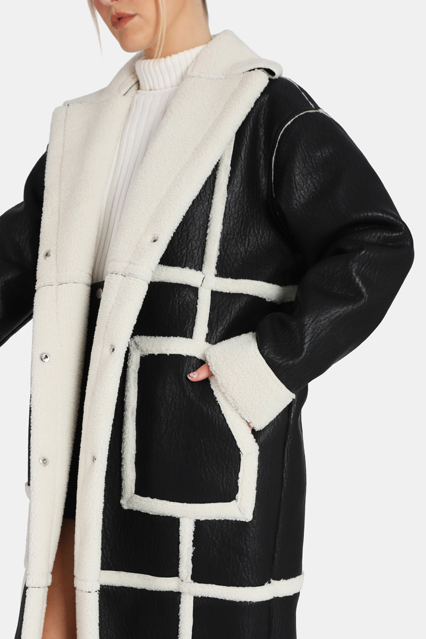 BORG TRIMMED LONGLINE AVIATOR COAT BLACK AND WHITE