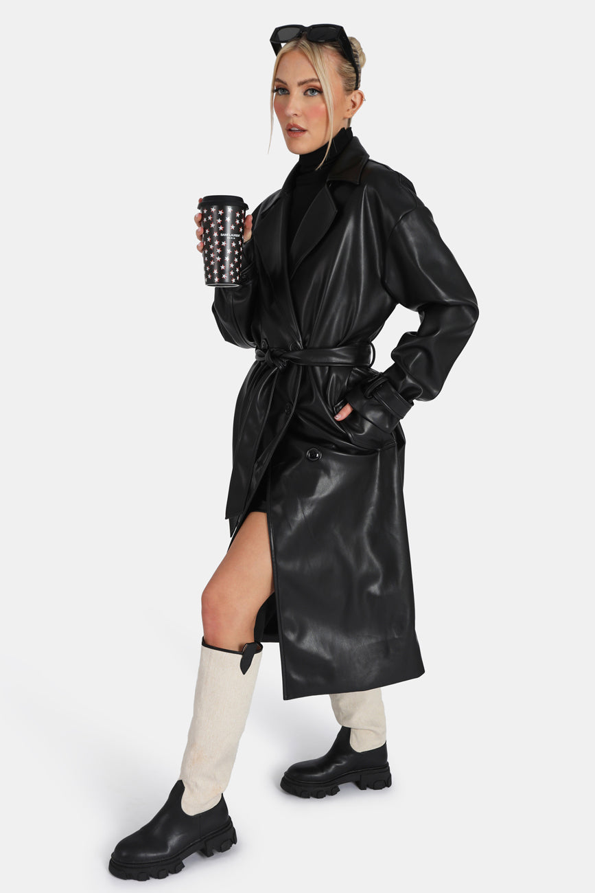 LONGLINE PU BELTED BLACK TRENCH