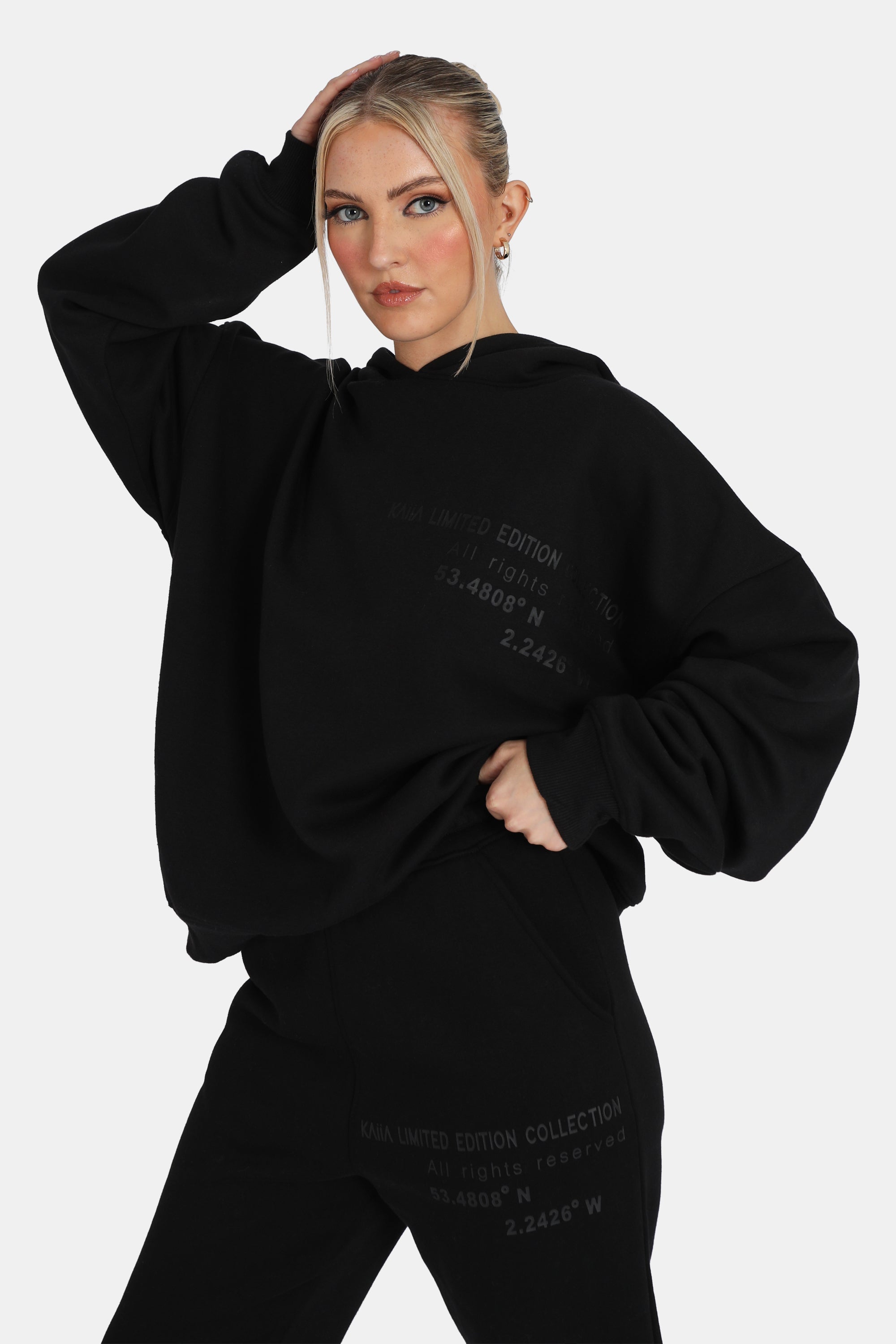 Oversized Text Detail Hoodie Black