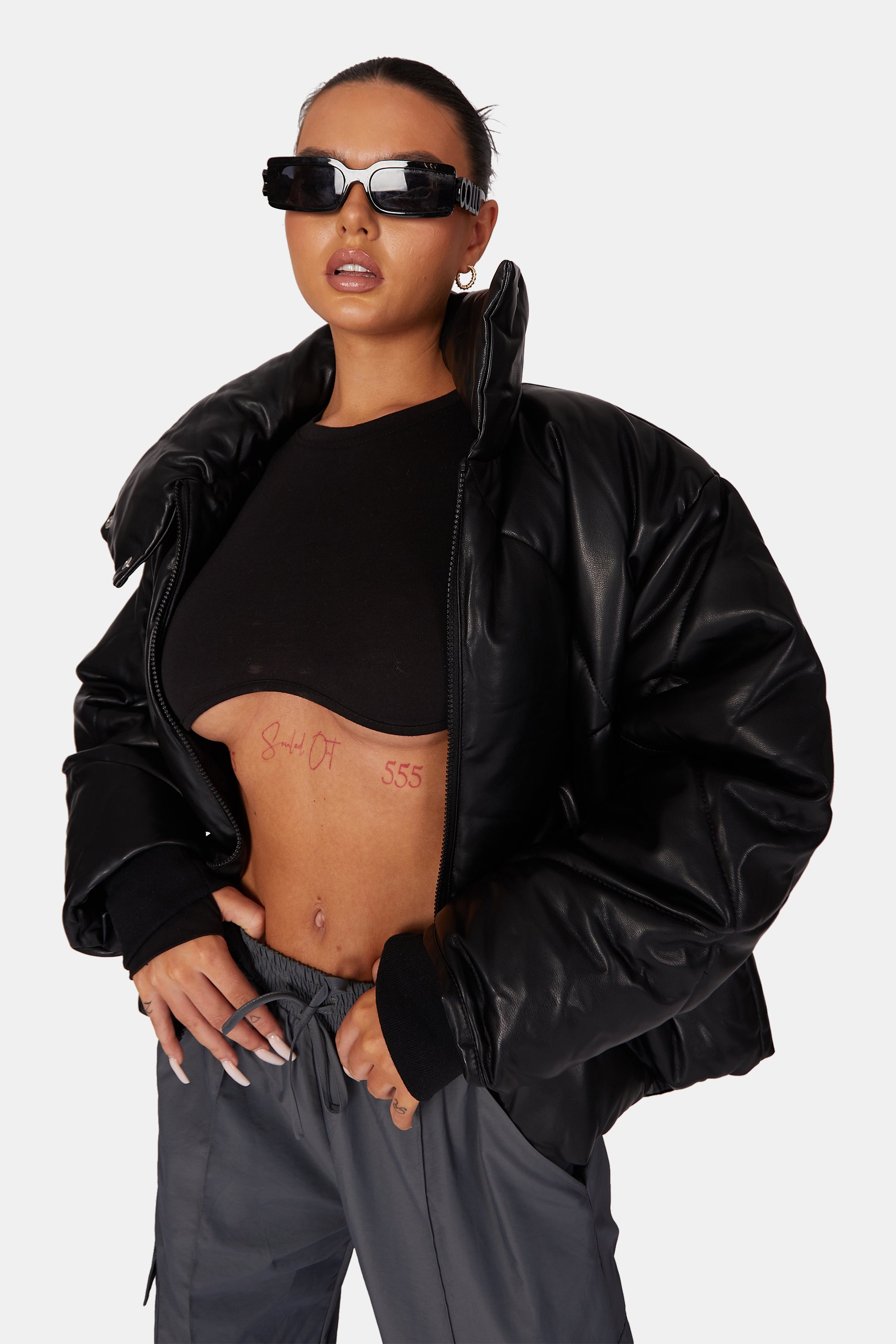 Pu Quilted Puffer Jacket Black