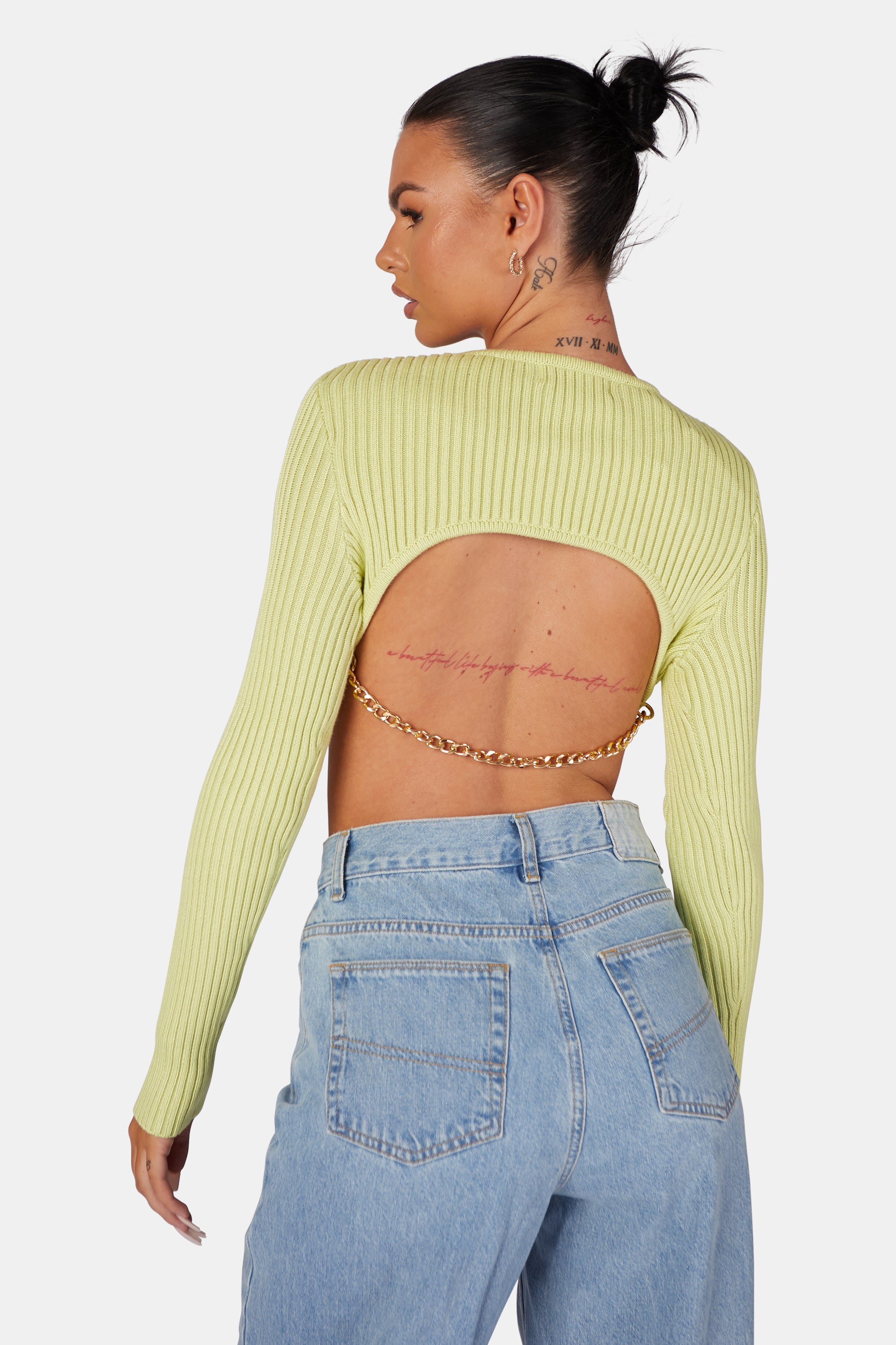 OPEN CHAIN BACK KNITTED CROP TOP LIME