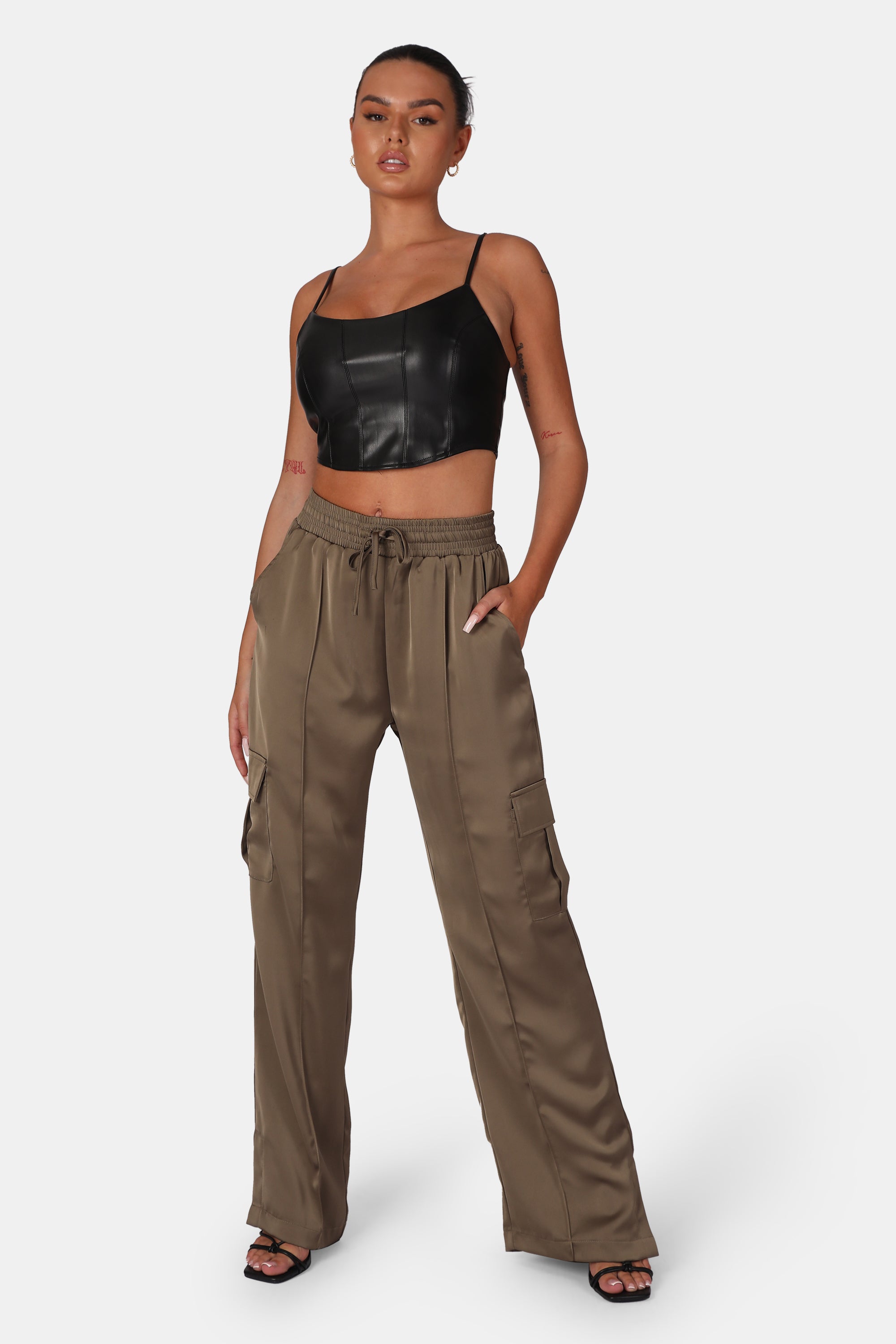 SPLIT HEM SATIN ELASTICATED WAIST WIDE LEG CARGO TROUSERS KHAKI