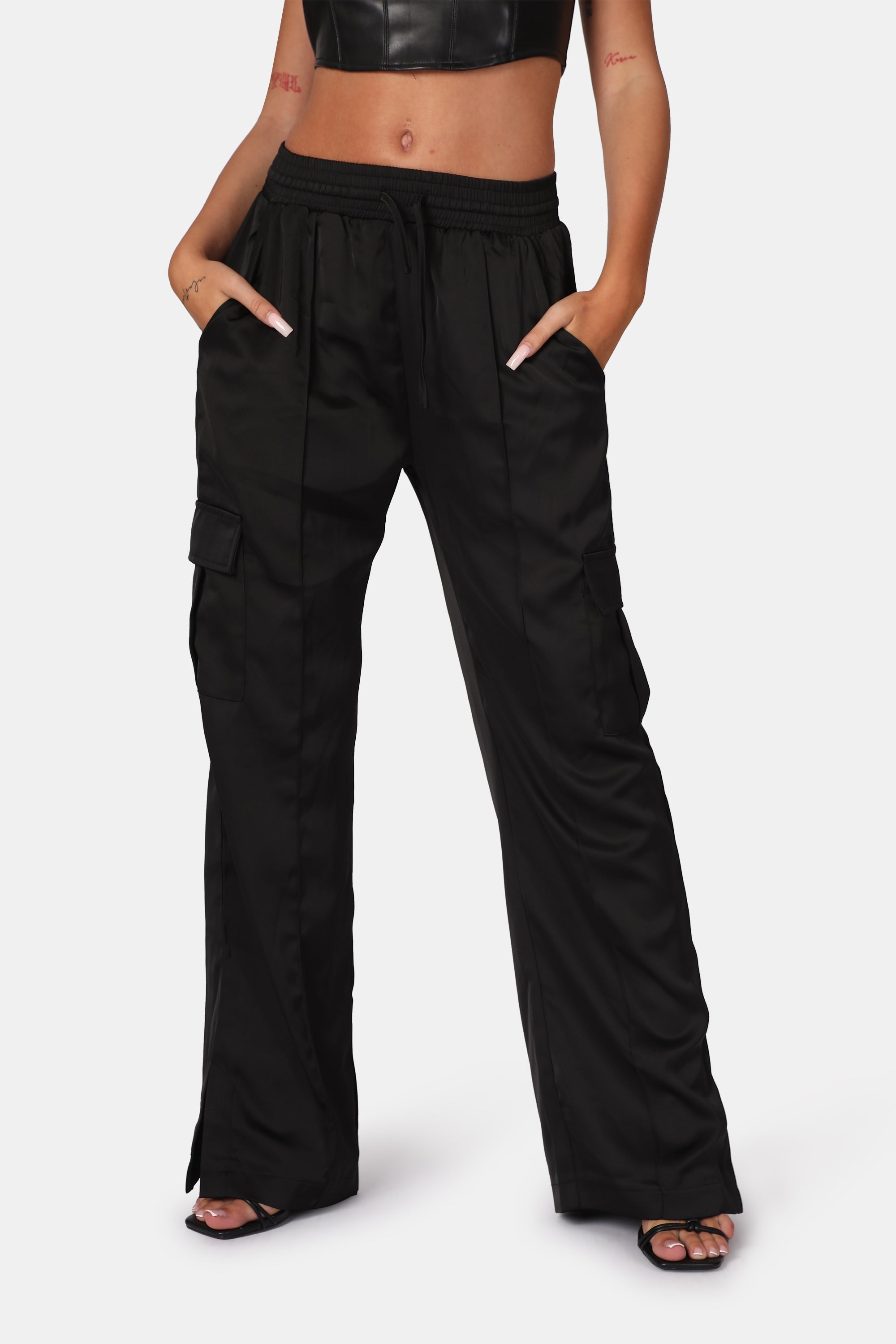 SPLIT HEM SATIN ELASTICATED WAIST WIDE LEG CARGO TROUSERS BLACK